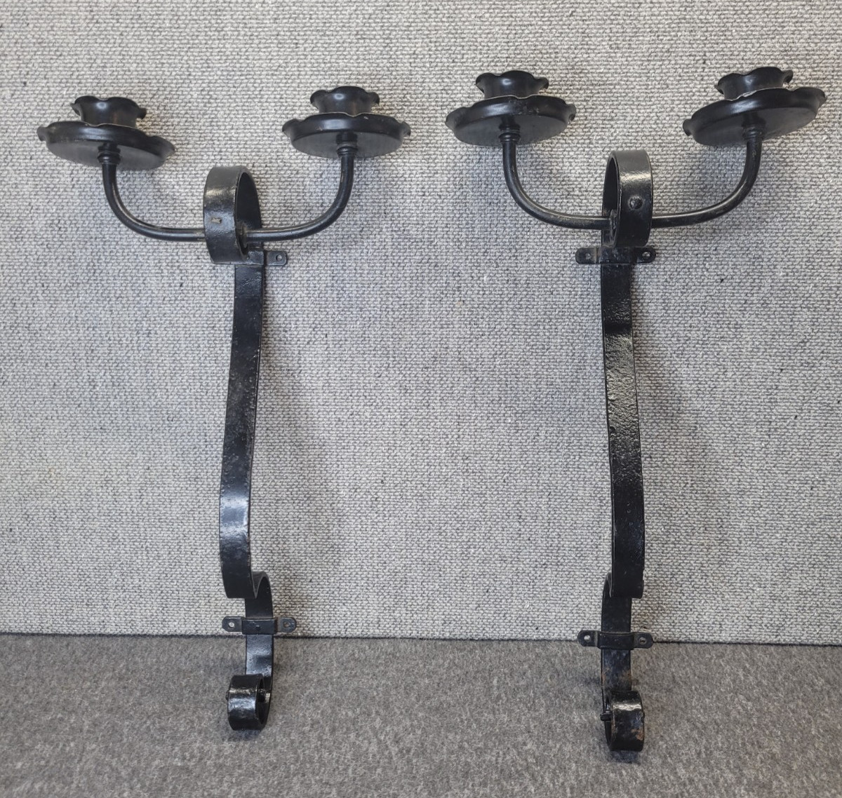 Vtg PAIR Spanish Revival Brutalist Forged Iron Heavy Candle Wall Sconces 2 Arm
