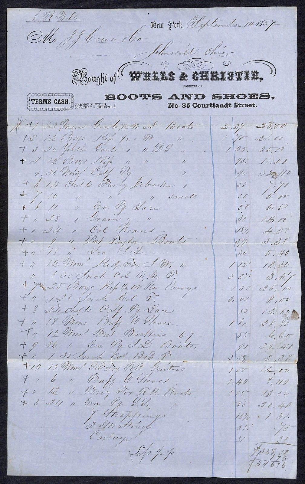 Wells & Christie Boots Shoes NYC 1857 J.J. Cover, Johnsville, OH* Long Billhead