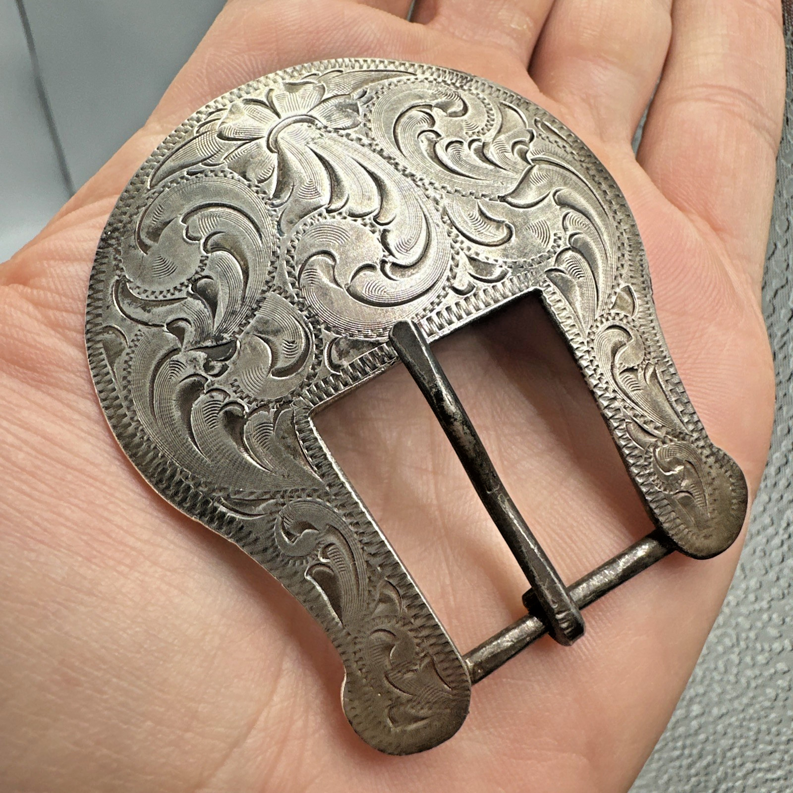 Vtg Sterling Silver 29.7g Western Ranger Etched Design Belt Buckle ~0.8” Belt