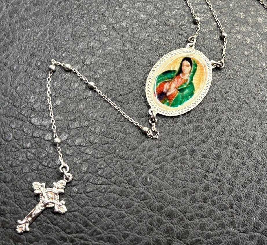 Vintage Dyadema Sterling Silver Rosary Enamel Mary Medal Necklace Pendant Cross