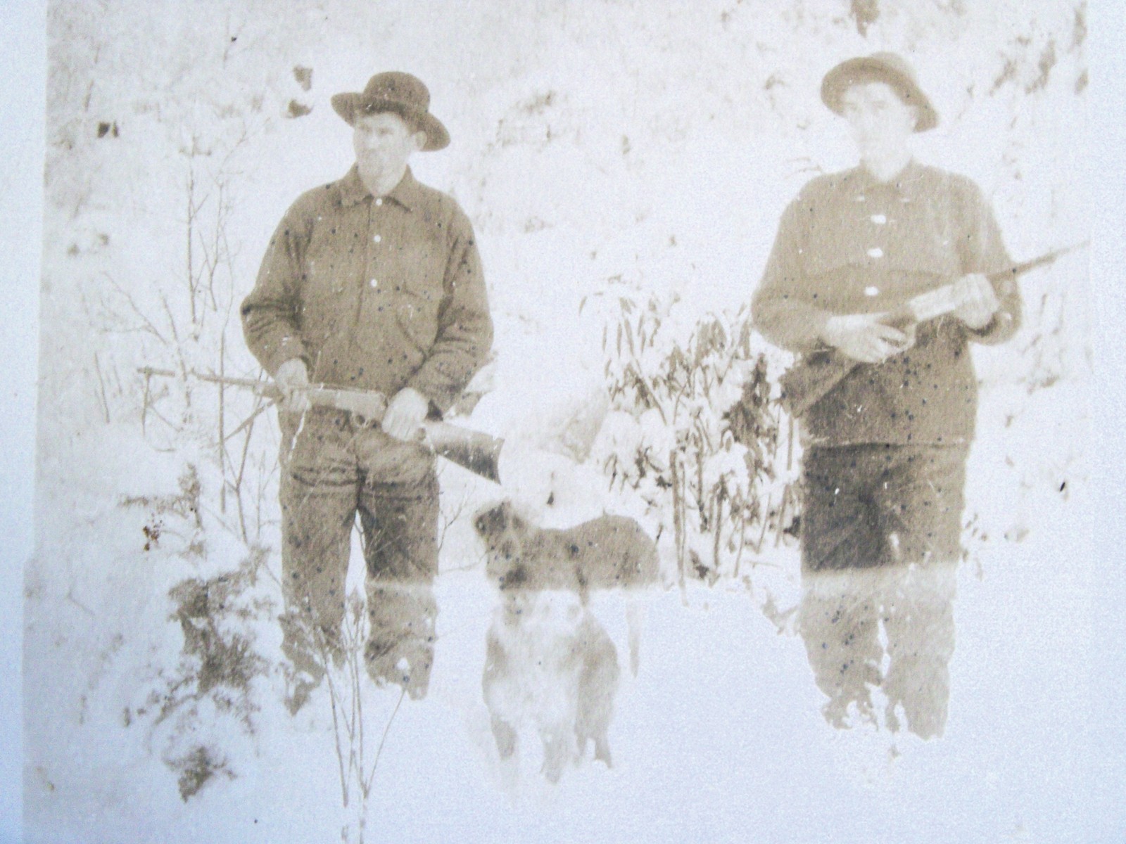 RPPC HUNTERS WITH DOGS RIFLES IN SNOWY WOODS c. 1910's REAL AZO PHOTO POSTCARD
