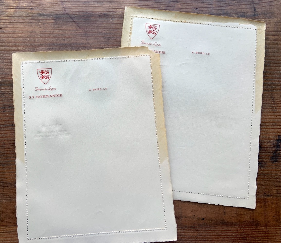 RARE 1938/39 S.S. NORMANDIE SELF STICK NOTE/ENVELOPES W/ PERFORATED EDGE TO OPEN