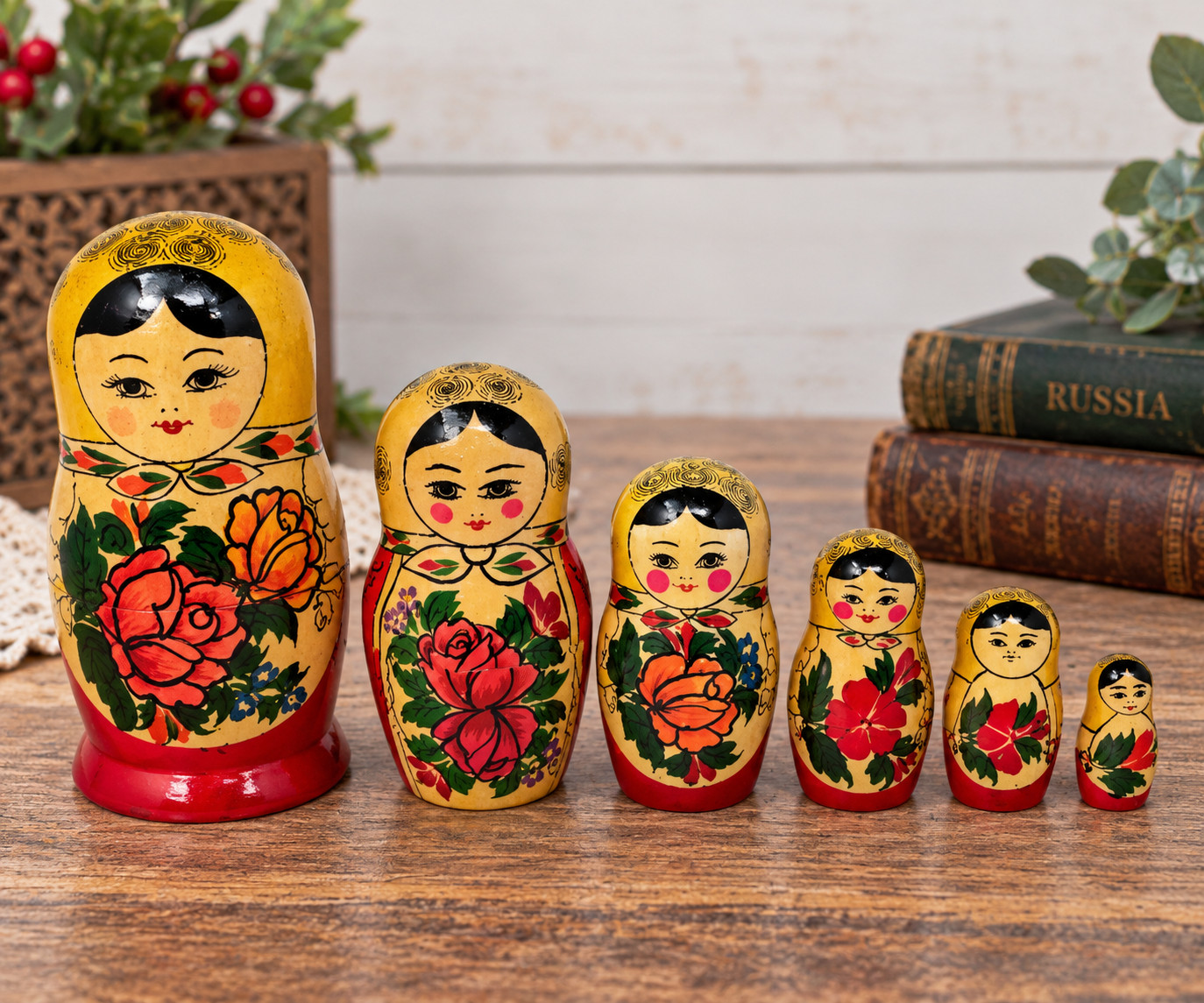 Vintage Matryoshka USSR Set of 6 Russian Wooden Nesting Dolls