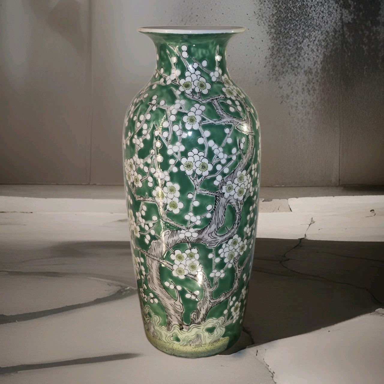 Mid Century Chinese Famille Verte Green White Cherry Blossom Baluster Vase 13.5