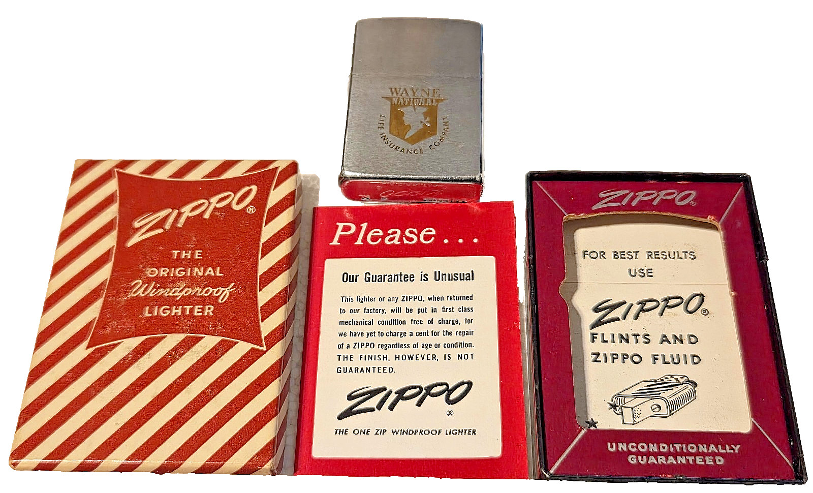 Vintage 1963 Zippo Wayne National Life Insurance Joe Collins Box Paperwork