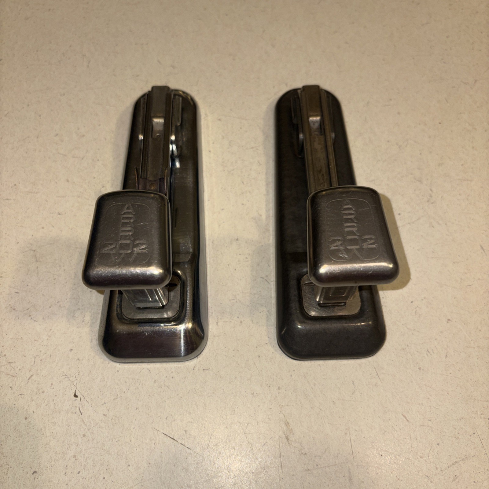 Vintage Arrow 202 Desk Stapler Set -Chrome & Industrial Gray - 1940s Mid-Century
