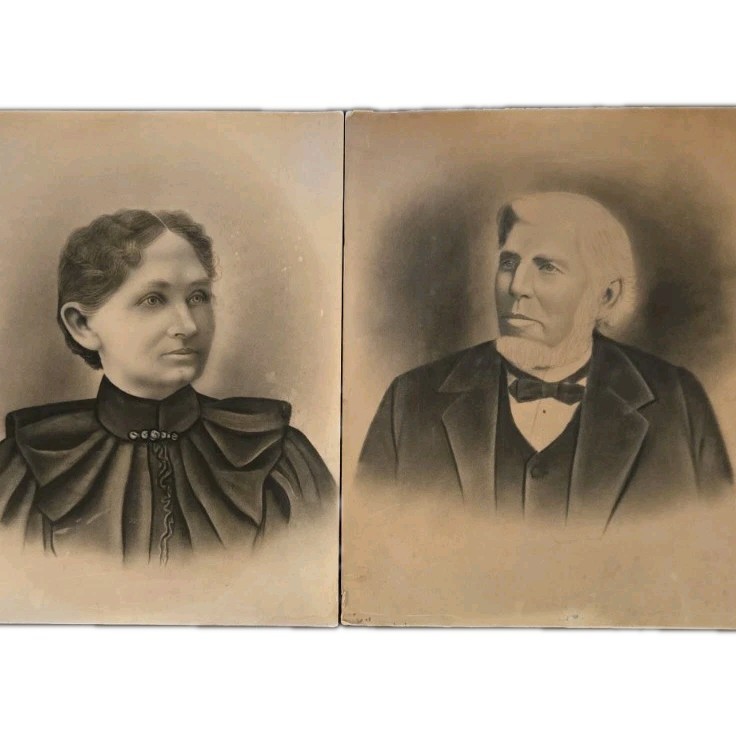 Antique Victorian Crayon Portraits Pair 16x20 Charcoal Solar Enlargements c.1895