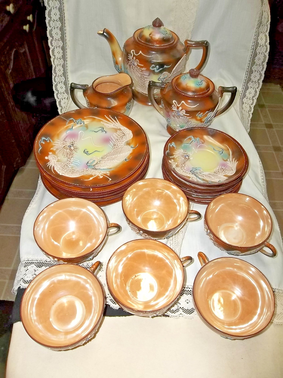 21 PC DRAGON WARE MORIAGE DESSERT TEA SET  GOLD/ MULTI COLOR JAPAN