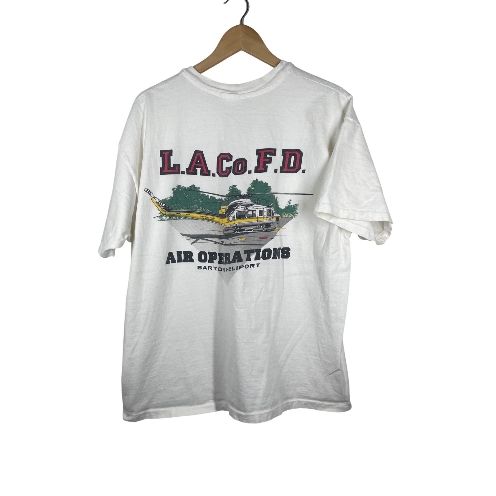 Vintage LA County Fire Dept Air Operations Helicopter Graphic T-Shirt White XL