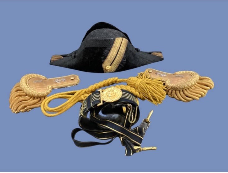 Antique Naval Officer Bicorne Hat Epaulets Belt Cord LTJG Dress Lot