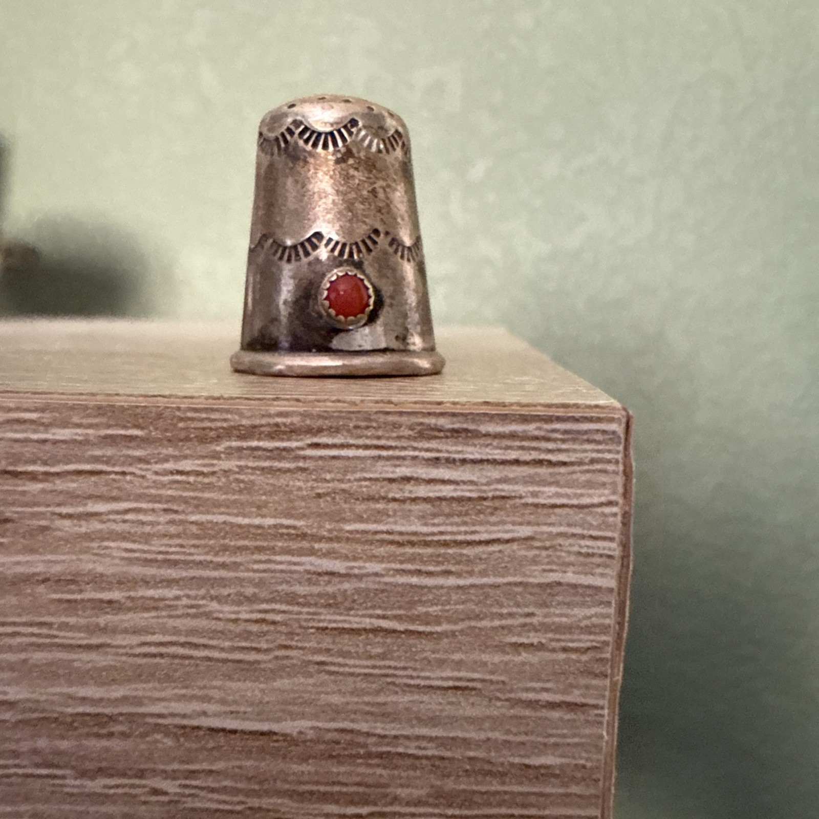 Vintage Native American Sterling Silver Coral Sewing Thimble Stamped