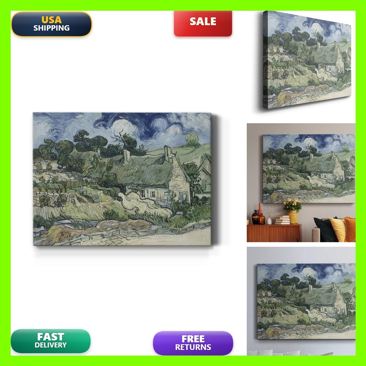 Renditions Gallery Thatched Cottages at Cordeville by Van Gogh Canvas 30x40