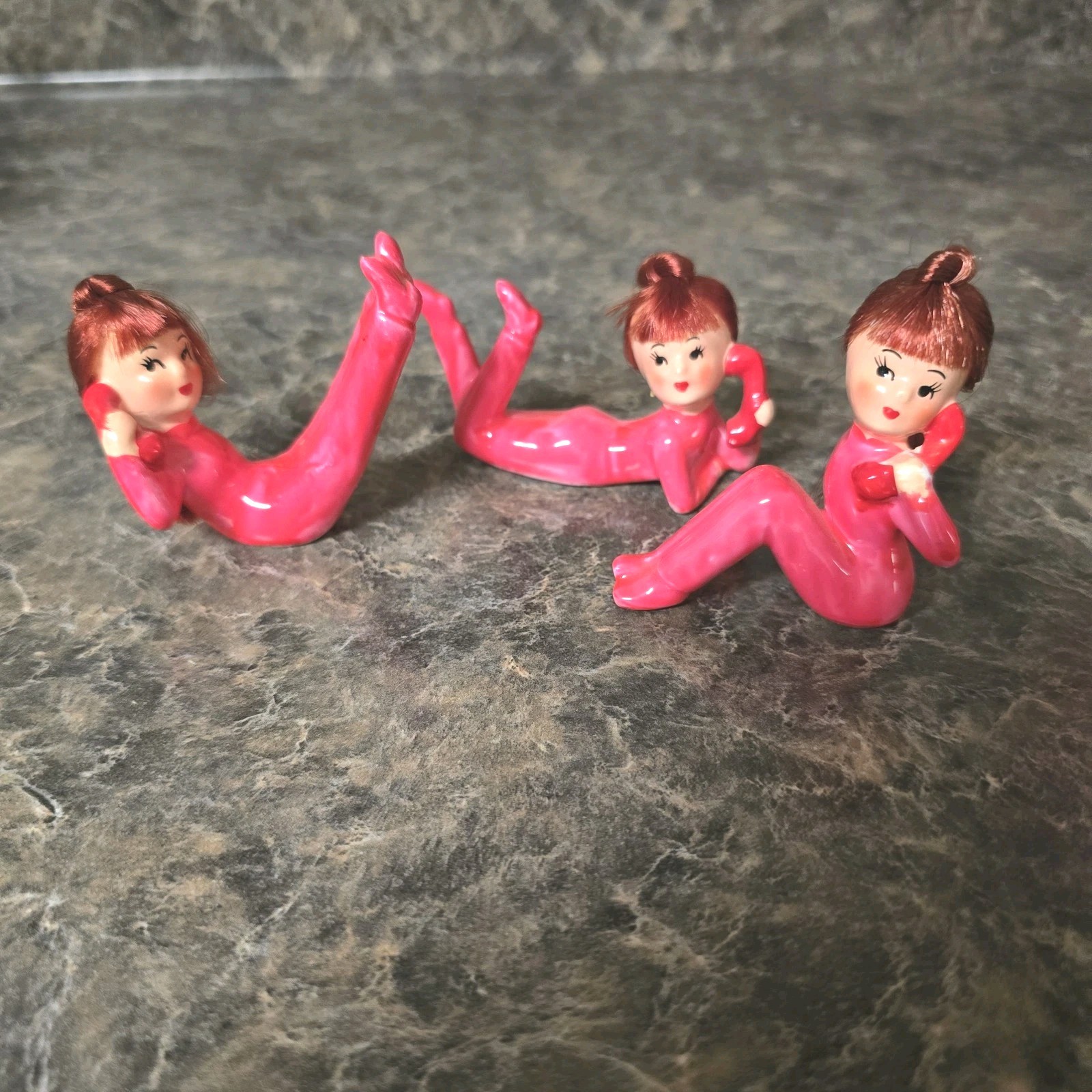 Vintage Japan Ceramic Telephone Girl Figurines Set of 3 Pink MCM Kitsch Retro