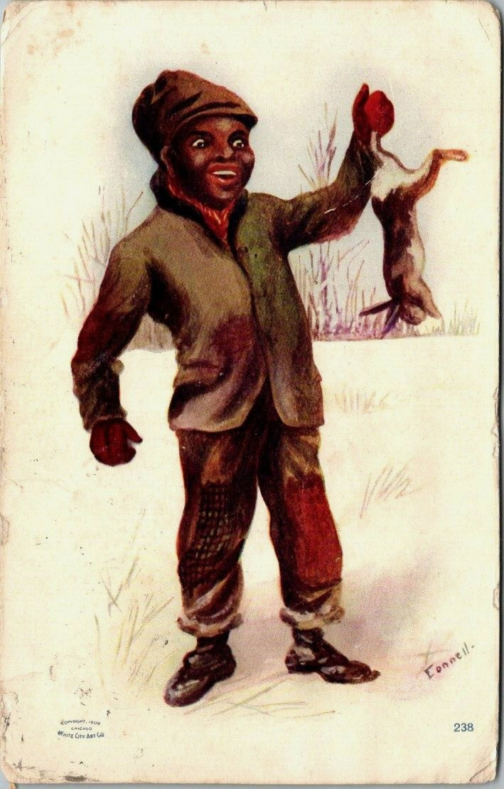 Postcard 1907 Black boy holding up rabbit hunting white city art co