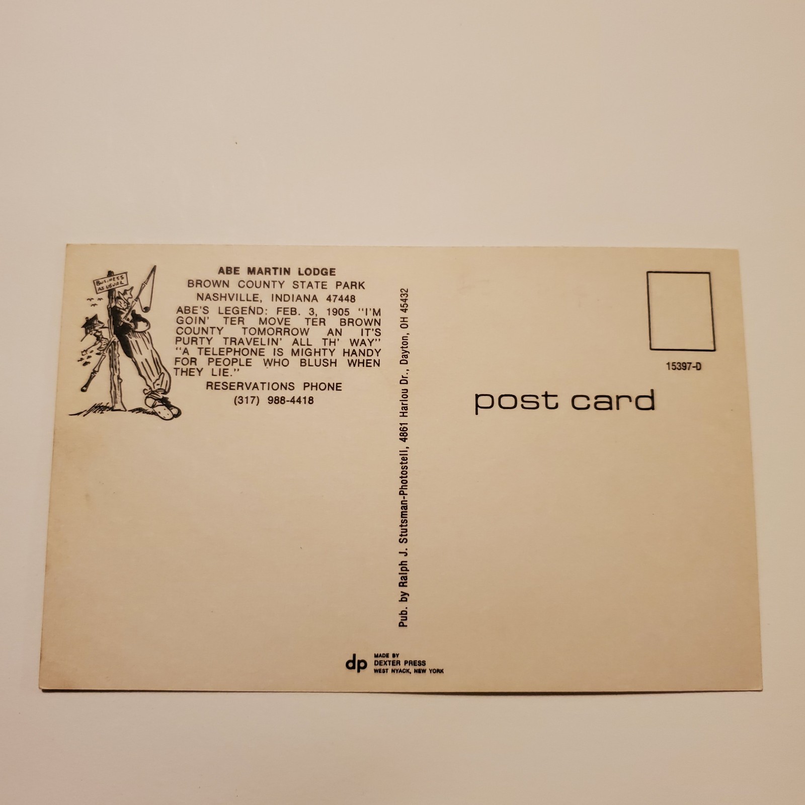 Abe Martin Mascot Kin Hubbard Lodge Cabin Brown County State Park VTG Postcard