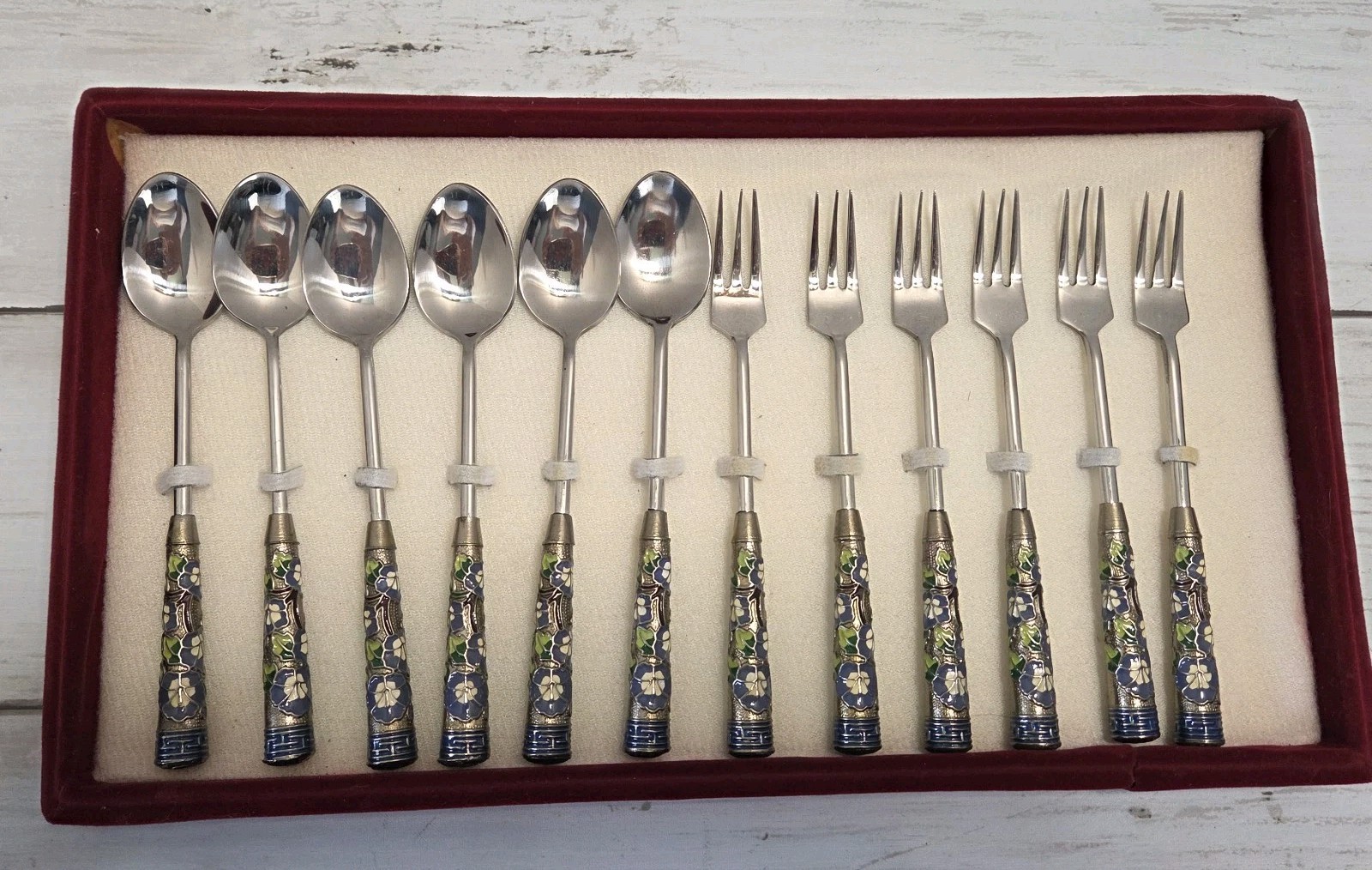 Vintage Seoul Korea Cloisonne Appetizer/Cocktail Spoon and Fork Set 12 Pieces 