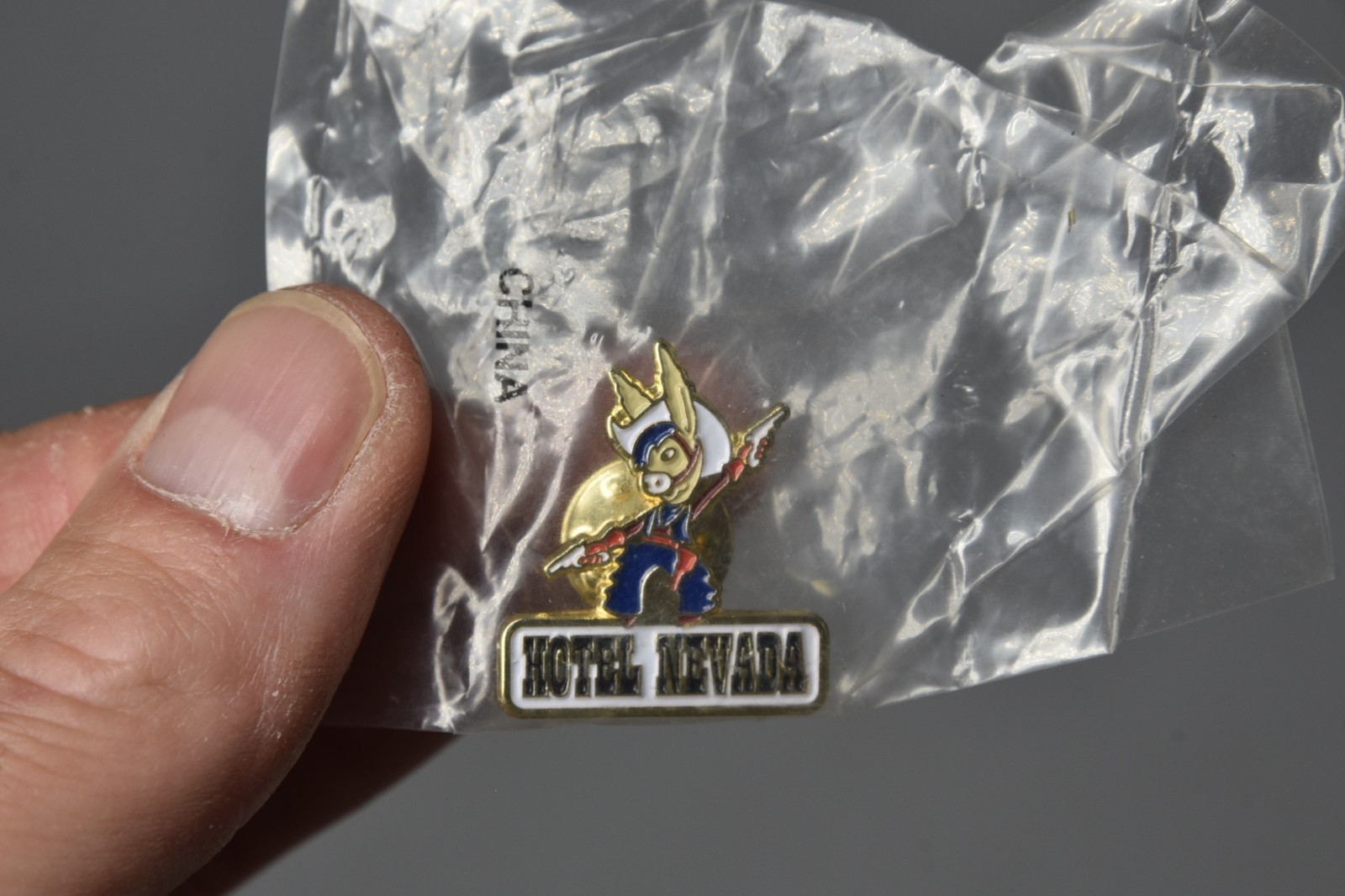Hotel Nevada Cowboy Shooting Donkey Mascot Pinback Button Ely Gambling New