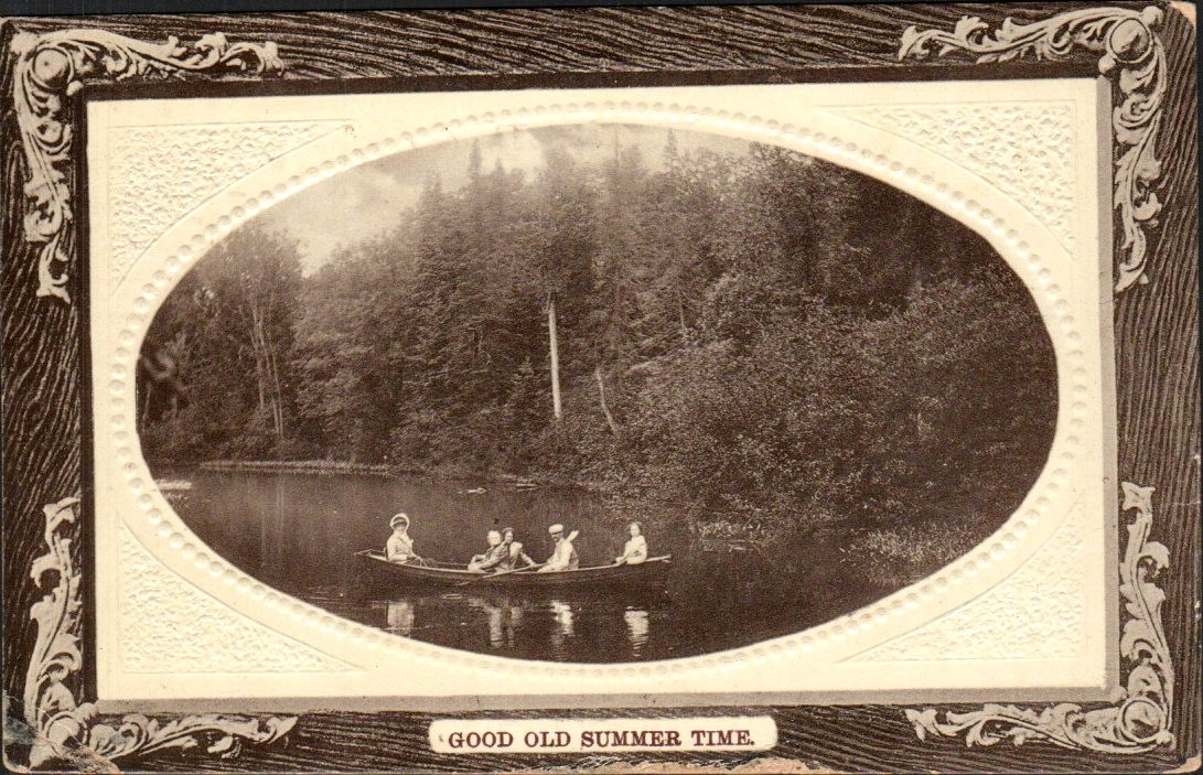 Canada - Good Old Summer Time, canoe party on lake - Embossed Postcard - c. 1911