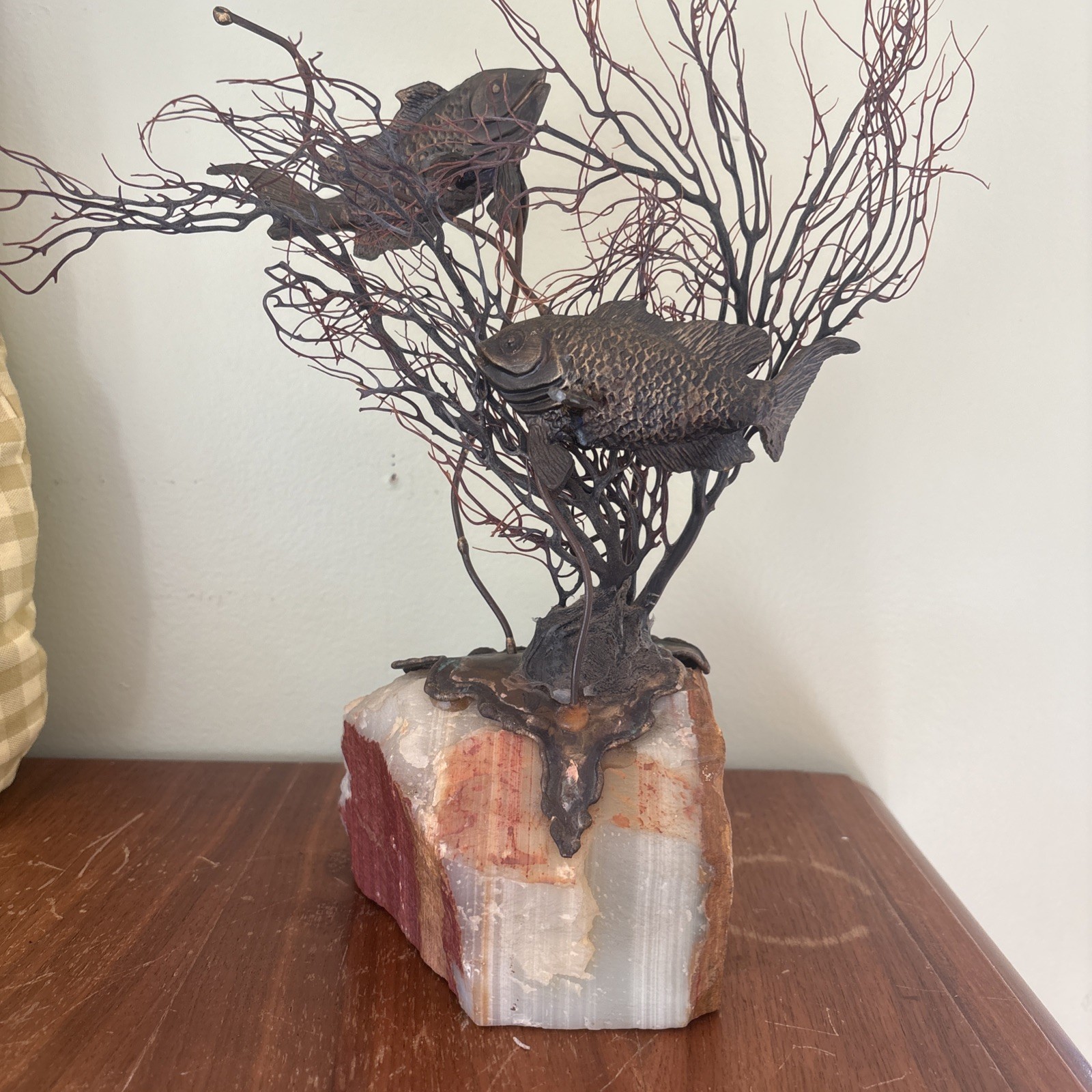 Metal & Stone Abstract Sculpture on Natural Rock Base, Antique Finish Metal & Stone Abstract Sculpture on Natural Rock Base, Antique Finish