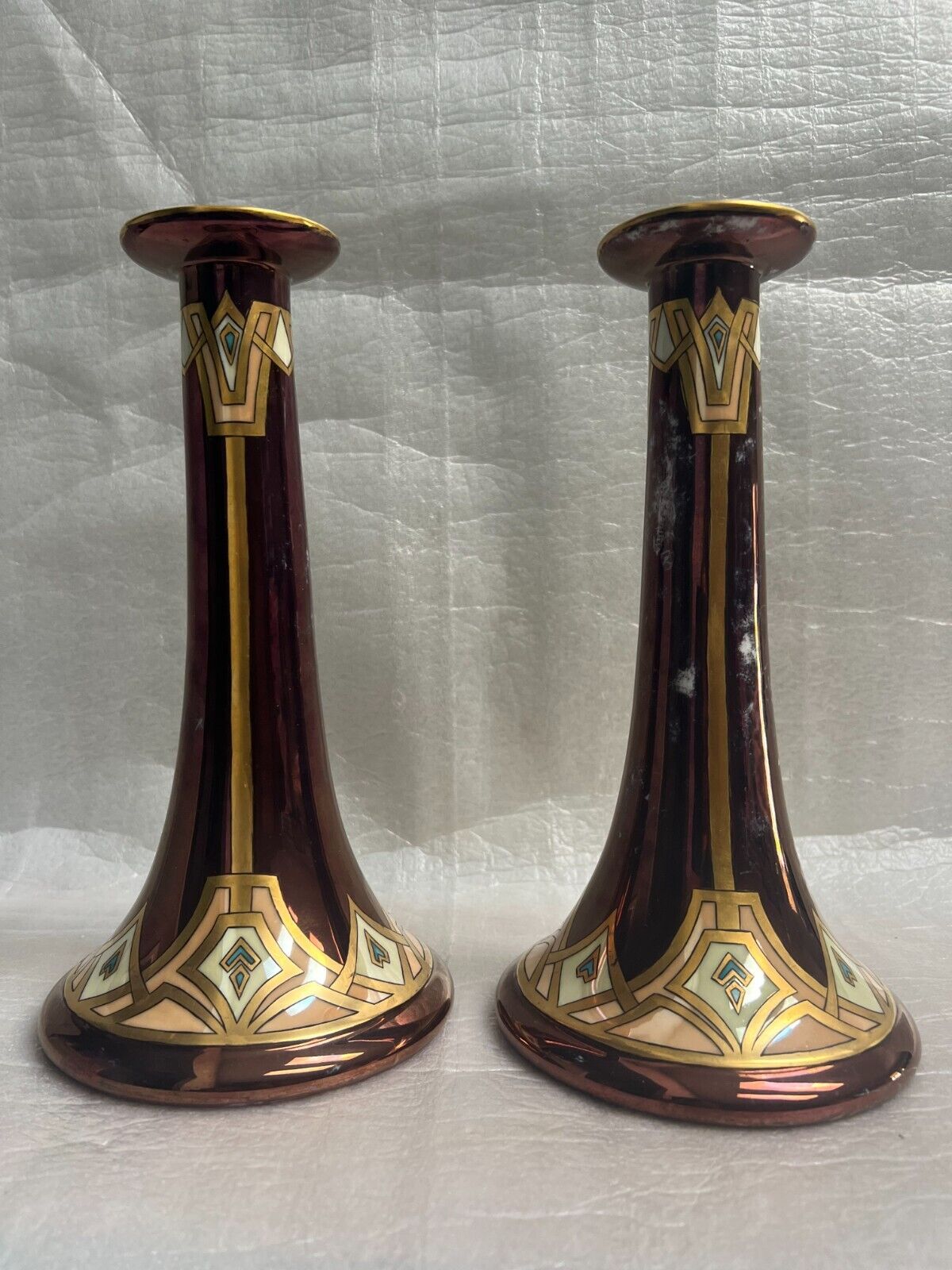 Pair of Signed Art Nouveau Luster Porcelain Candlesticks