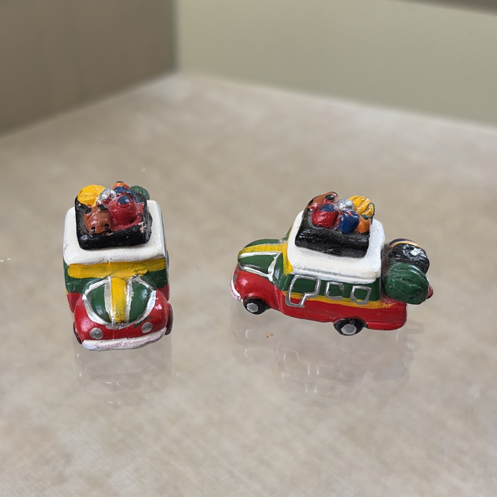 Vintage South American Folk Art Clay Chiva Bus Figurine Market Car Lot of Two Vintage South American Folk Art Clay Chiva Bus Figurine Market Car Lot of Two