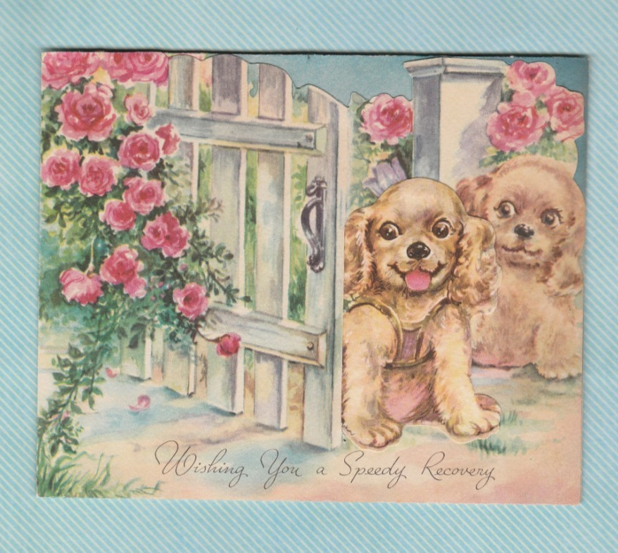 Vintage Speedy Recovery Card Cute Puppies at Gate with Roses