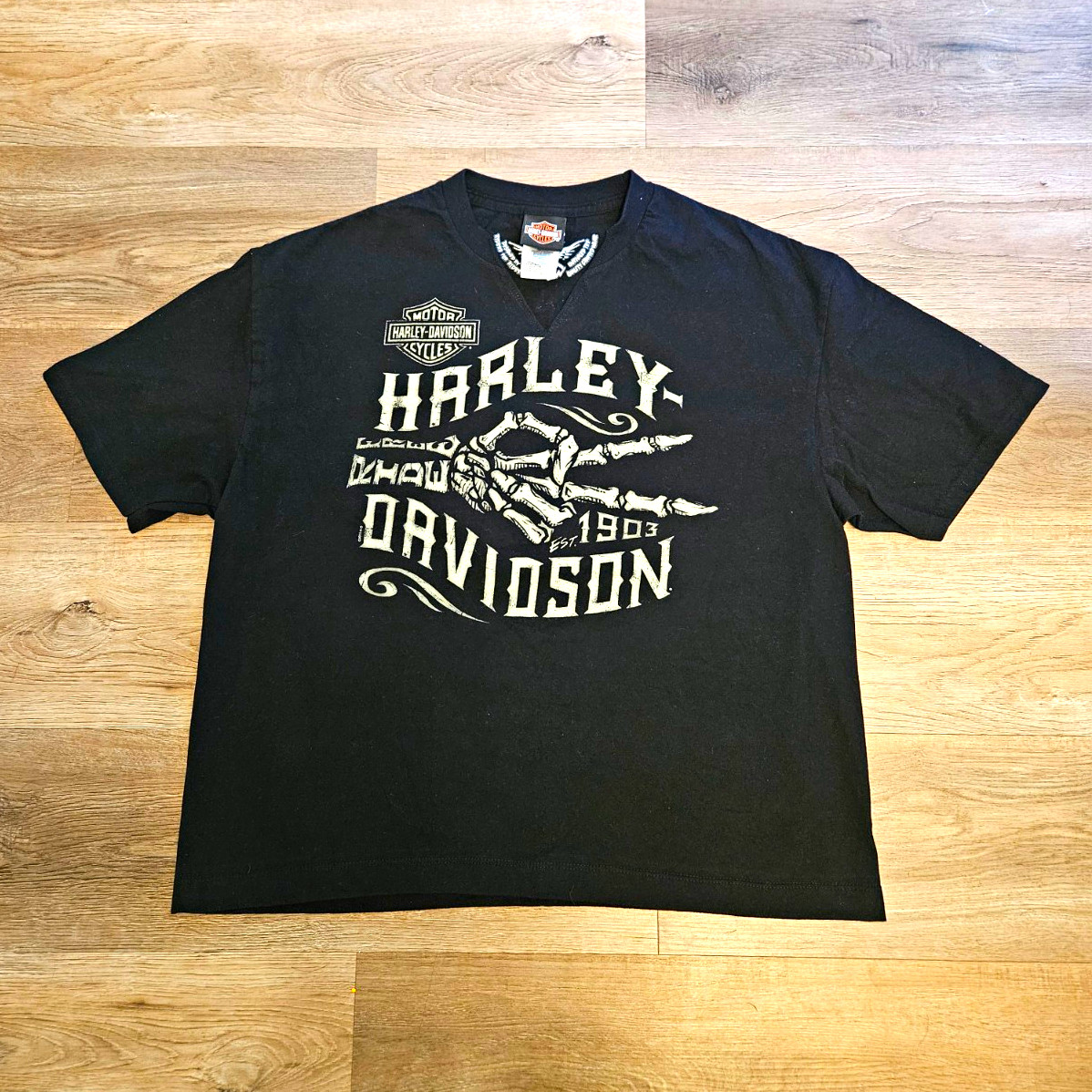 Womens Vintage Harley Davidson Shirt XL Skeleton Hand Perrysburg OH Biker Built