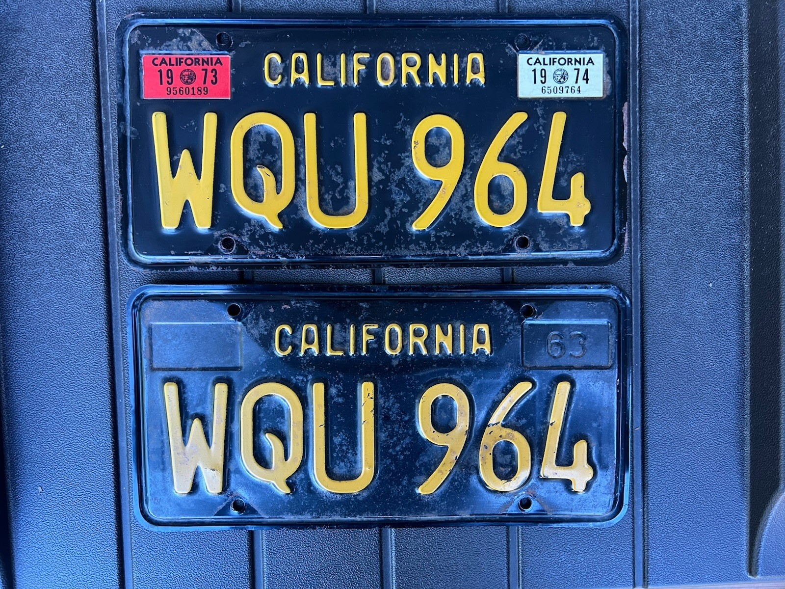 Vtg Original 1963 California License Plate Pair Set WQU 964 Yellow & Black Nice