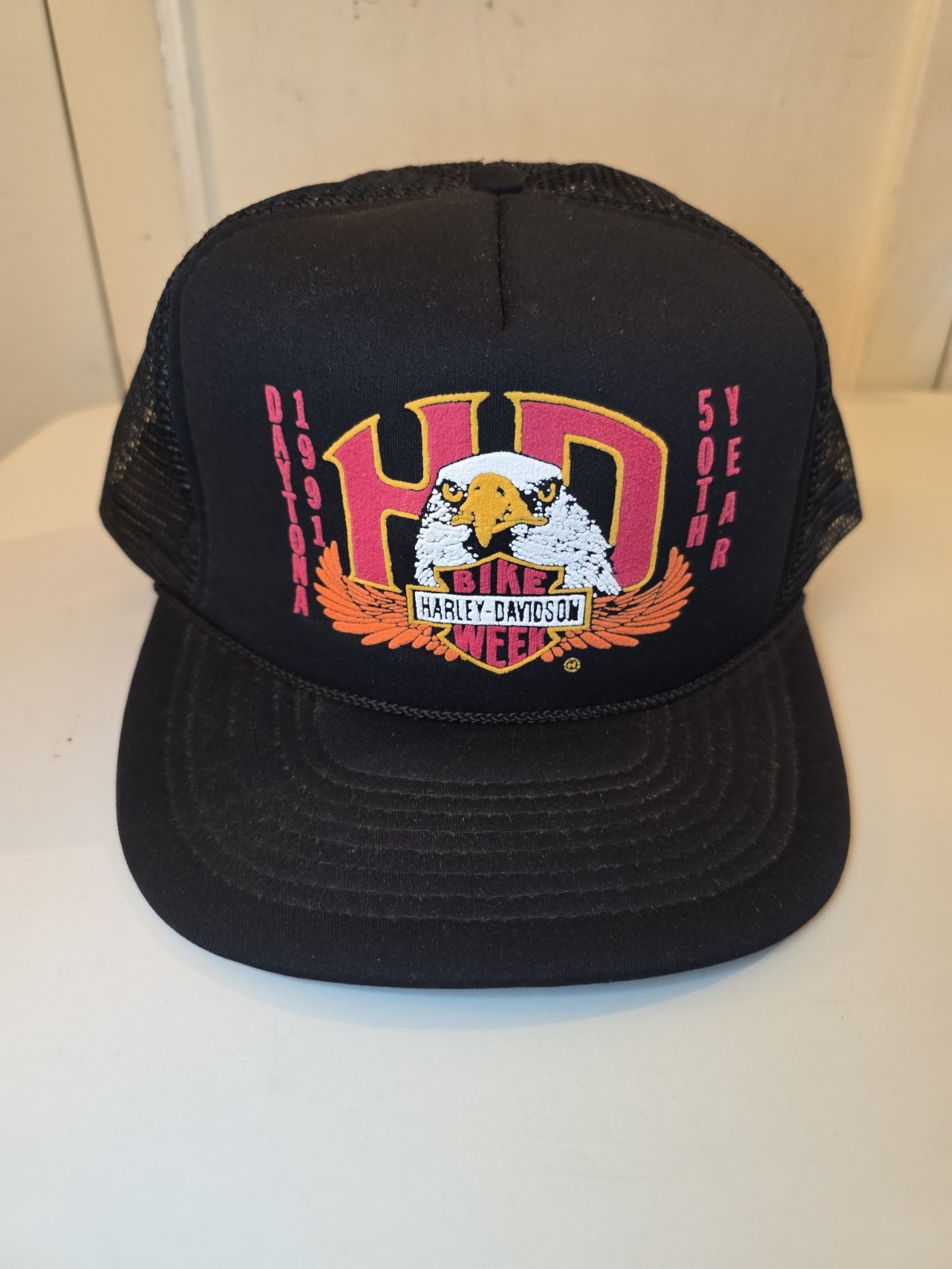 Vtg Harley-Davidson 3D Emblem  Daytona Bike Week 1991 Mesh Trucker Hat 50th Year