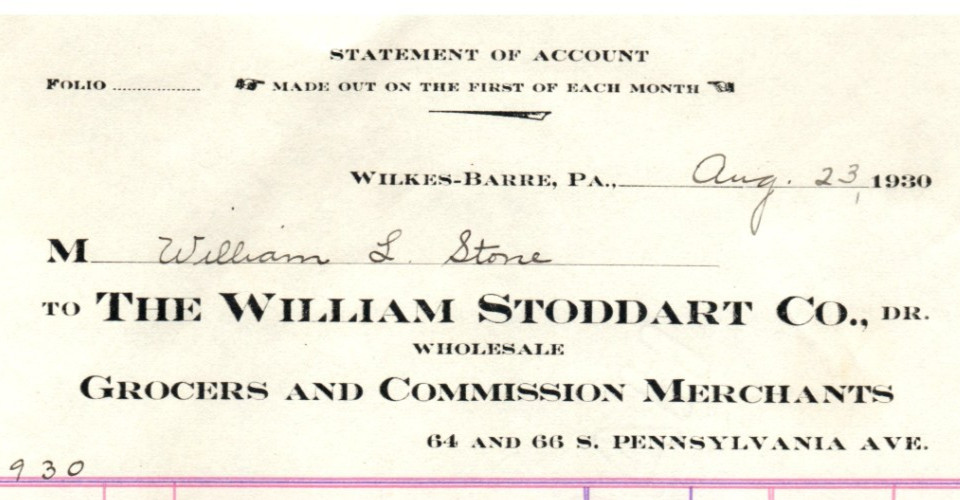 1930 WILKES-BARRE PA THE WILLIAM STODDART CO GROCERS BILLHEAD INVOICE Z7715