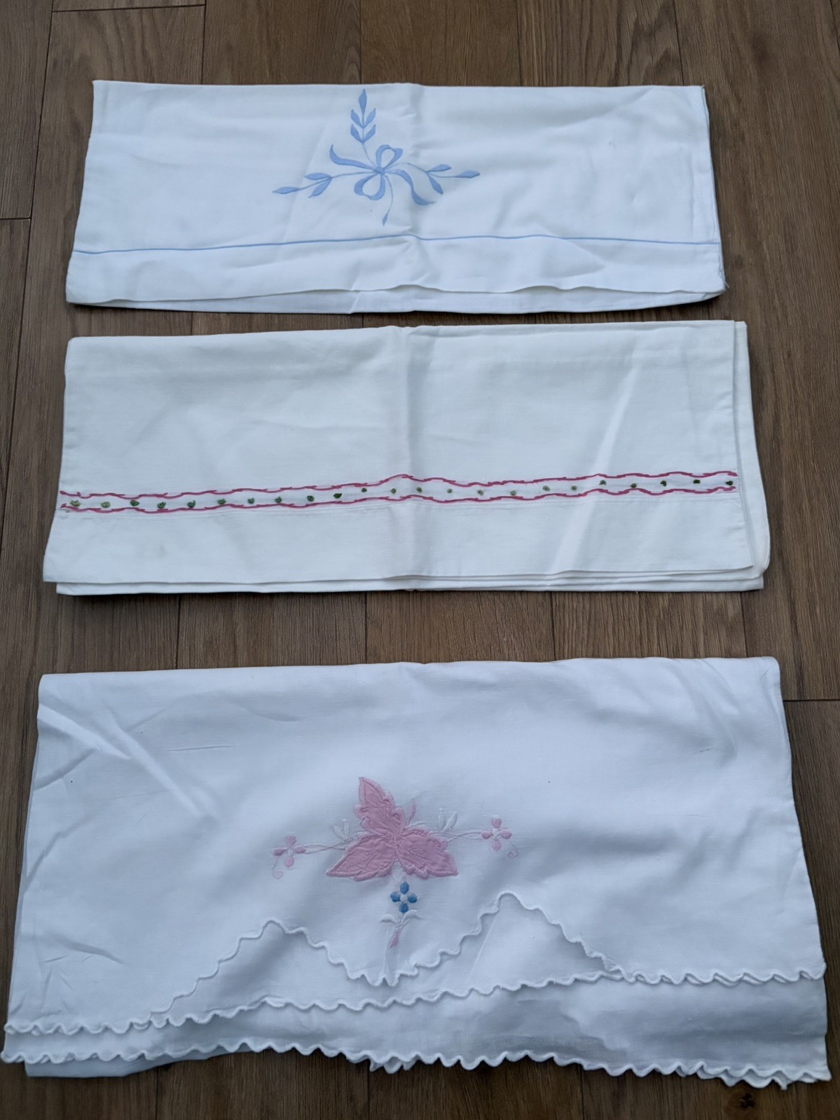  Vintage Pillowcases All cotton, embroidered 2 single, 1 bolster cover