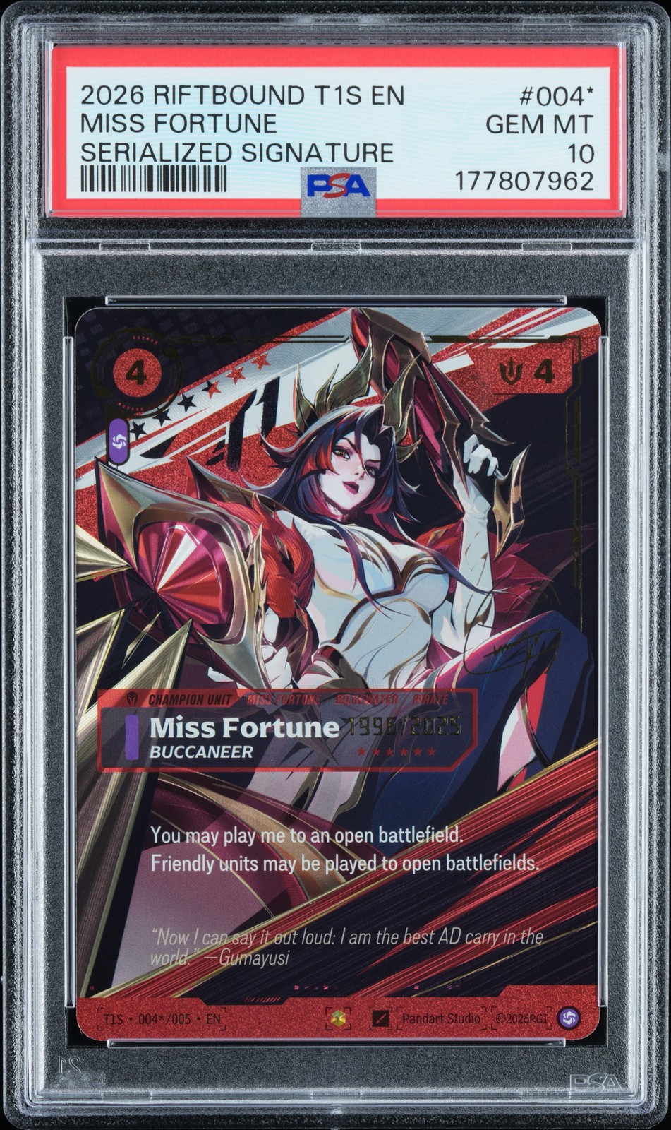 RIFTBOUND x T1 SERIALIZED SIG 004 MISS FORTUNE GUMAYUSI 1996/2025 PSA 10