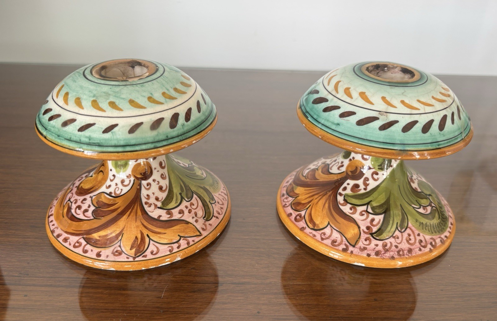 Pair of Vintage Italian Hand Painted Ceramic Candlesticks from “Nico” Studio