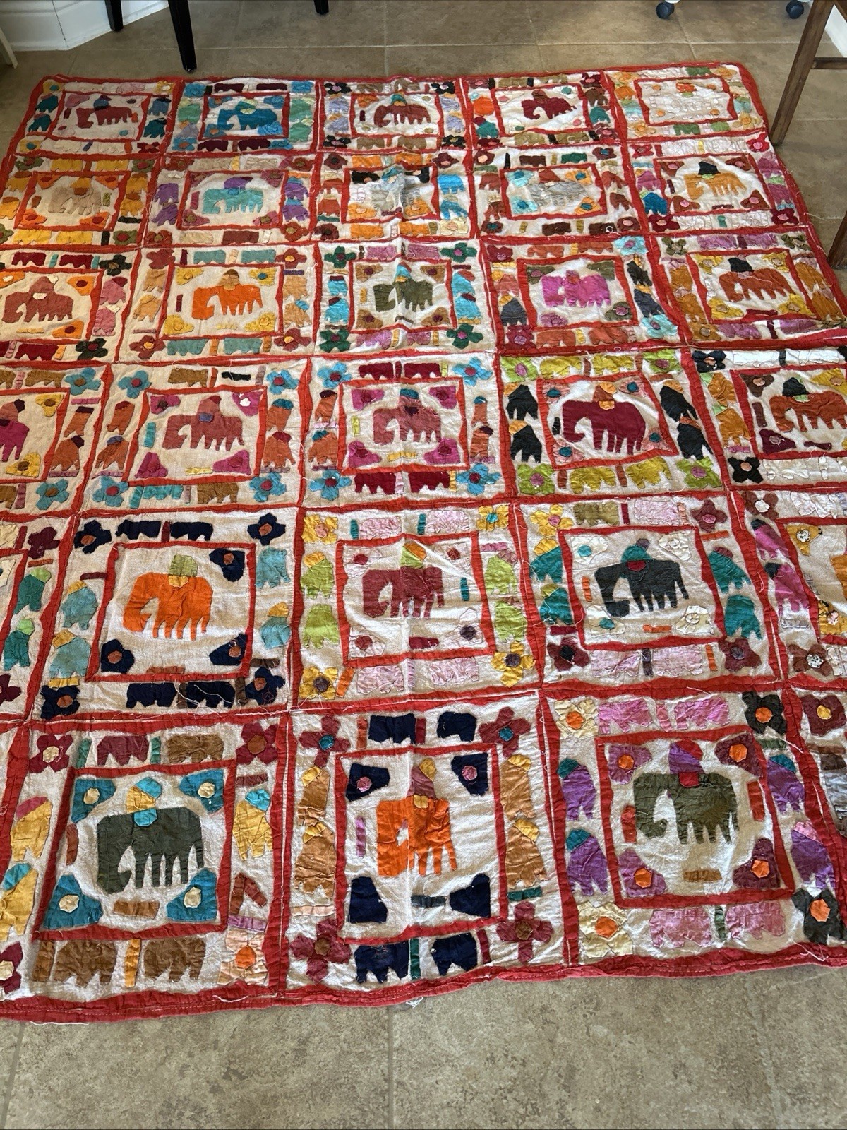 Vintage Handmade Applique Wall Hanging Quilt Bedspread Elephants Boho 78x94”