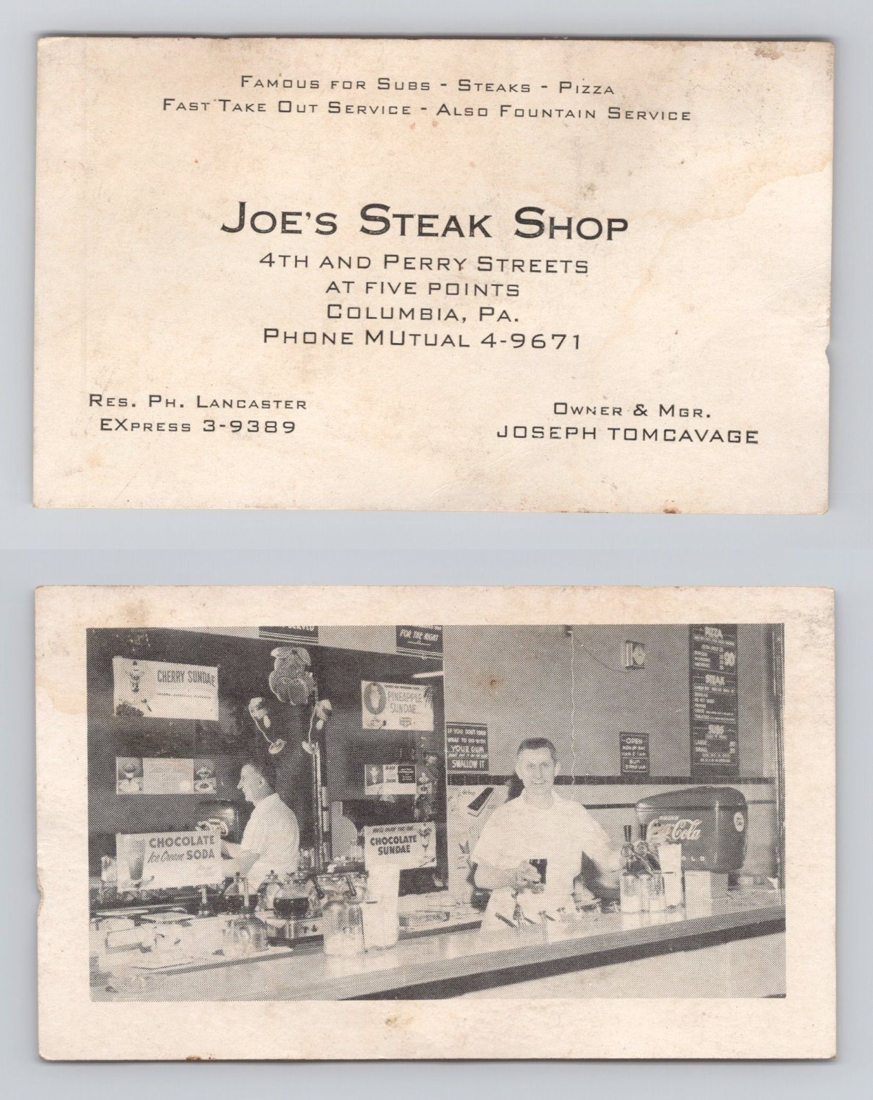 1950s Joe\'s Steak Shop Columbia PA Business Trade Card Soda Fountain Restaurant