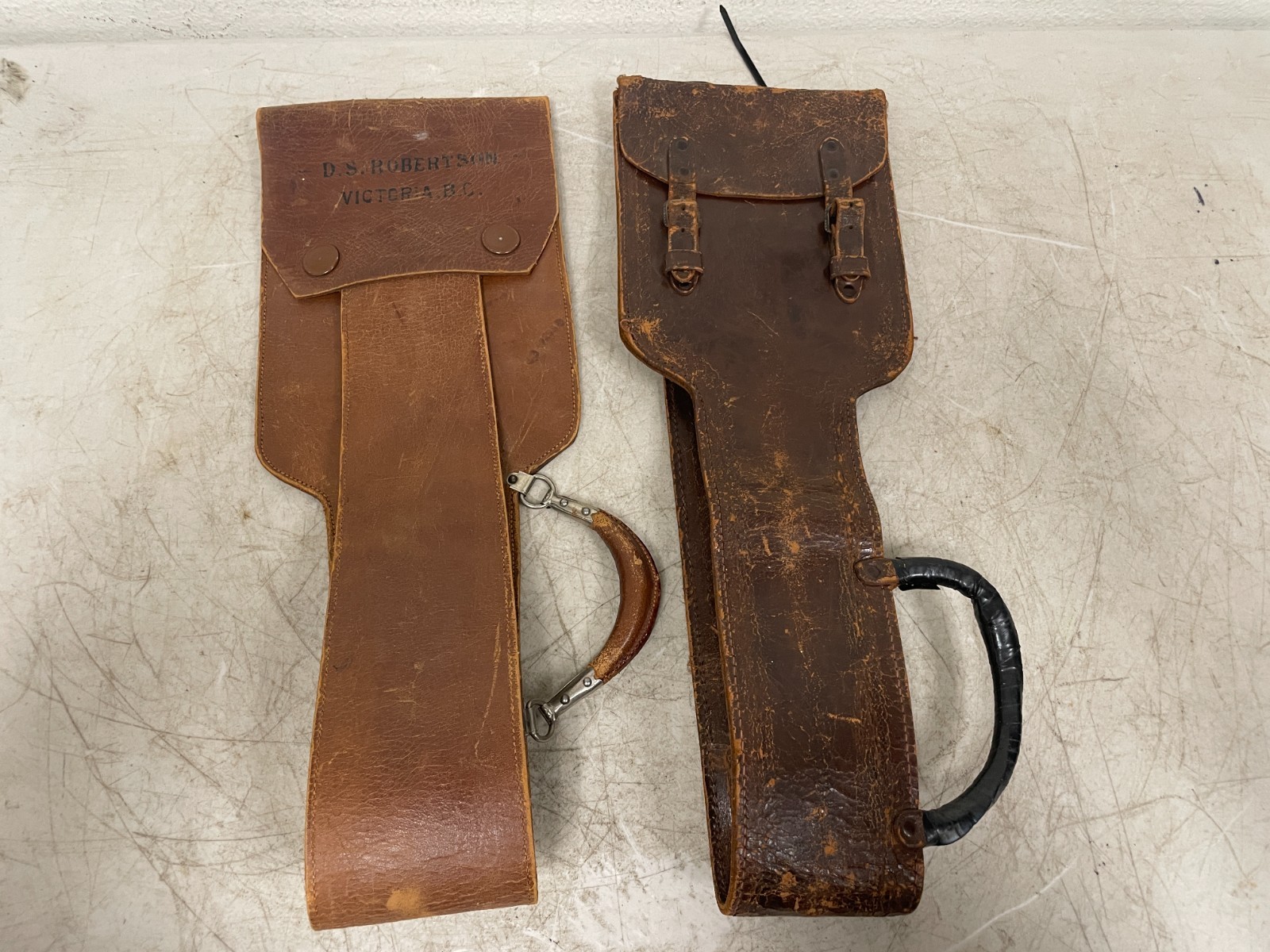 Vintage D.S. Robertson Victoria BC Brown Leather Instrument Cases Pair