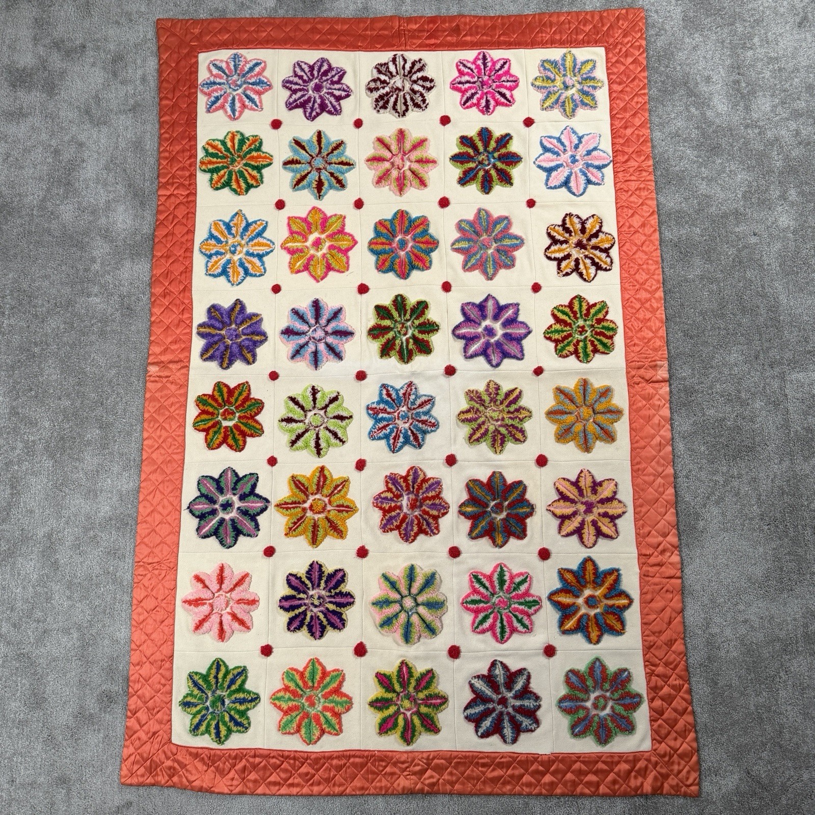 VTG Handmade Tufted Floral Quilt 80x52.5 3D Folk Art Colorful Heavy Throw - Read