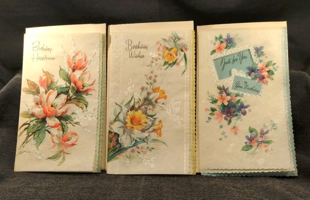 Vtg Birthday Cheer Parchment Flowers Floral Glitter Coronation Collection 