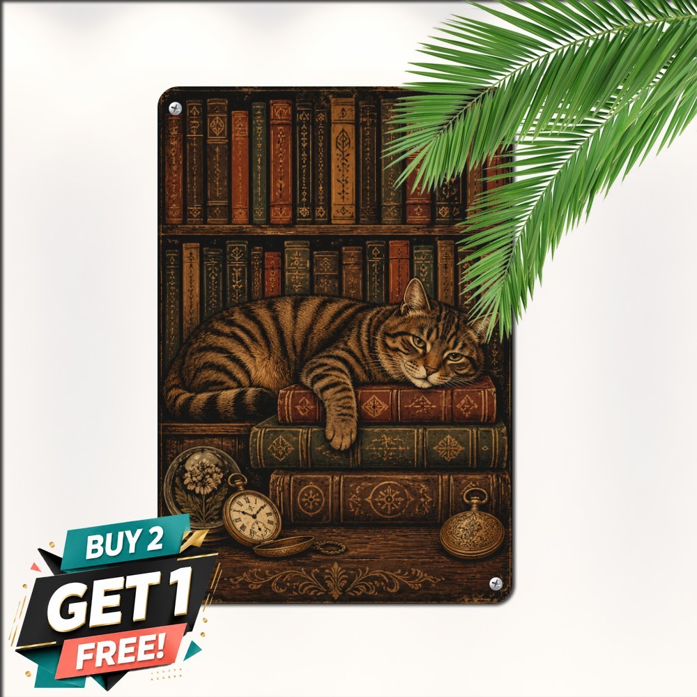 vintage cat old books illustration tabby lounging stacked