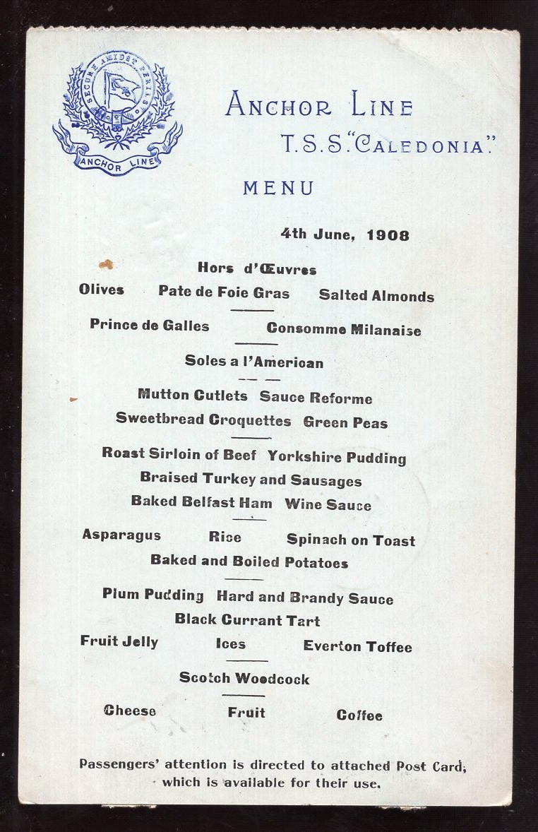 GB Anchor Line 1908 Steamer TSS CALEDONIA Menu; Postcard size
