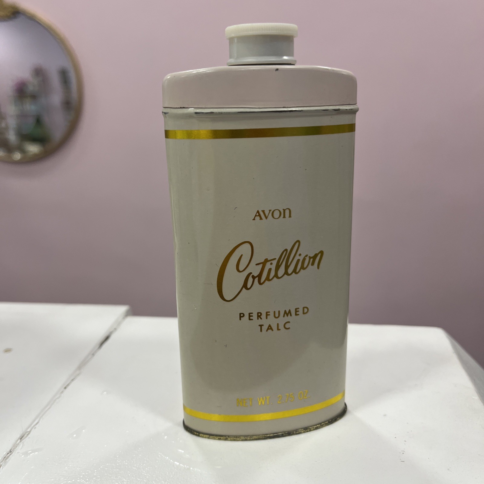 VINTAGE AVON Cotillion Perfumed Talc. 75% FULL?  Rose Gold Tin. Unique Find.