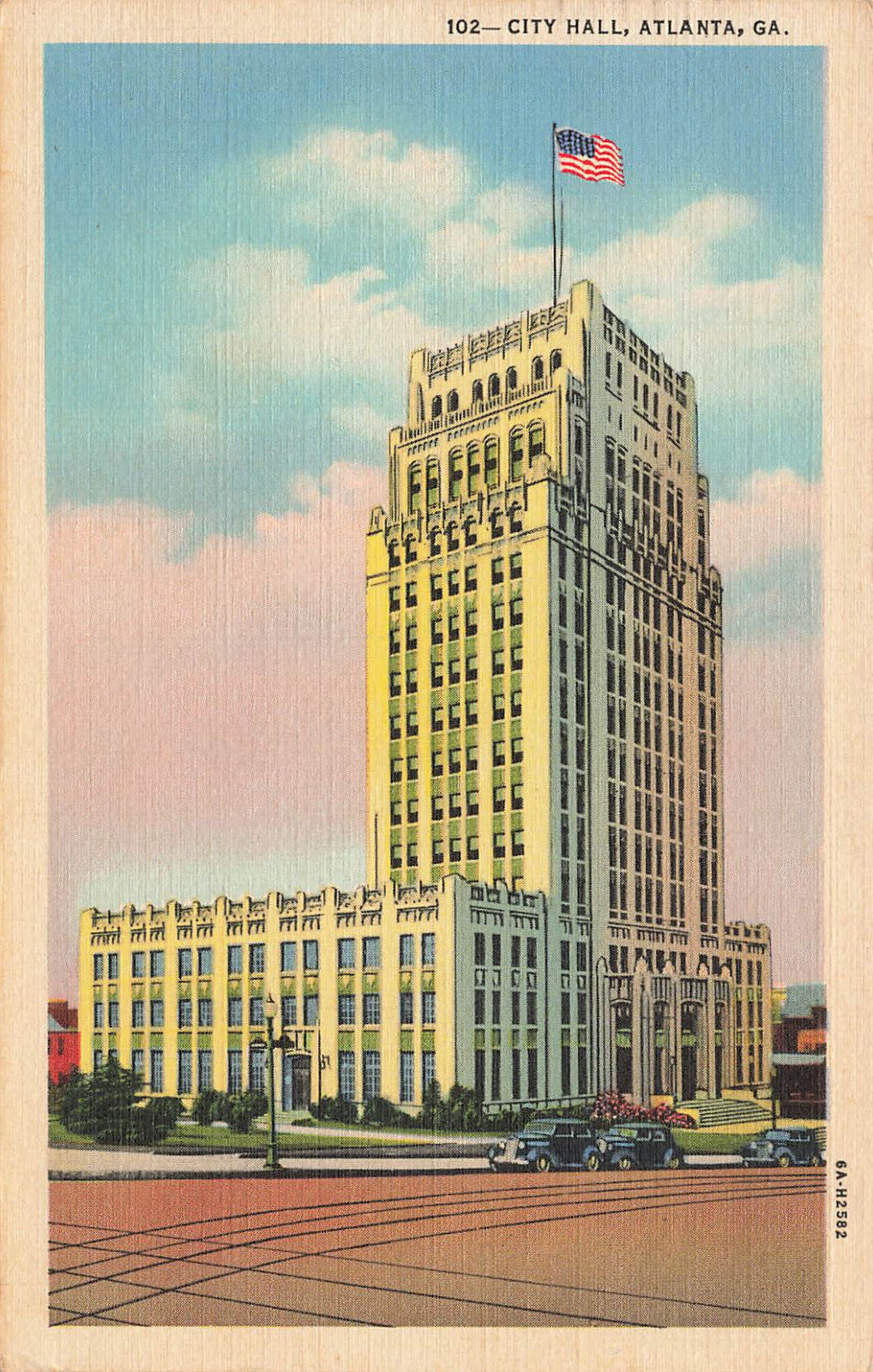 CITY HALL BUILDING AND STREET SCENE VIEW POSTCARD ATLANTA GA GEORGIA 1936
