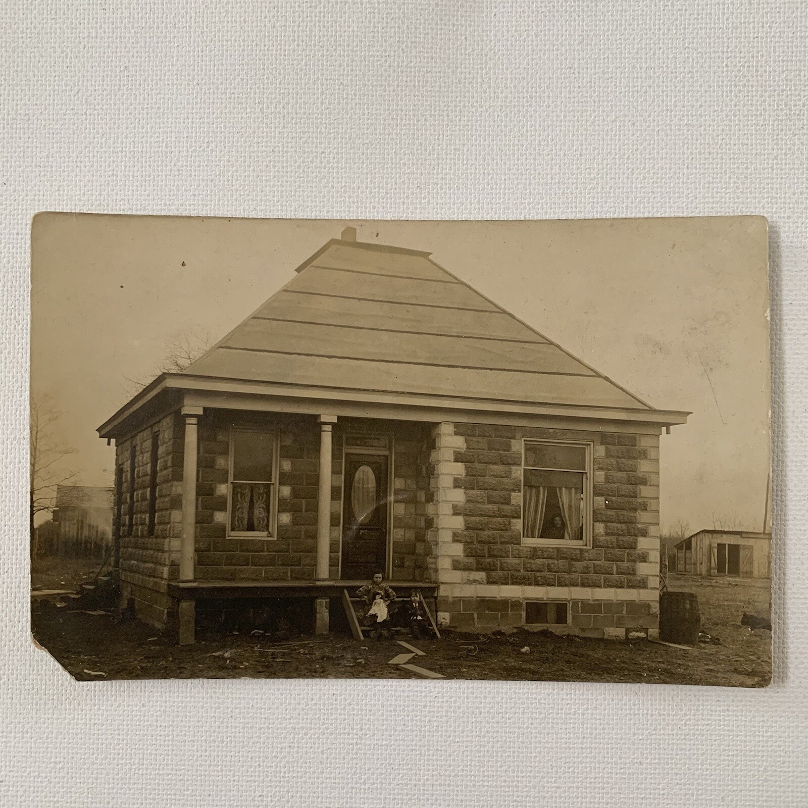 Antique RPPC Real Photograph Postcard Homestead Children Girl Doll Boy Dog House