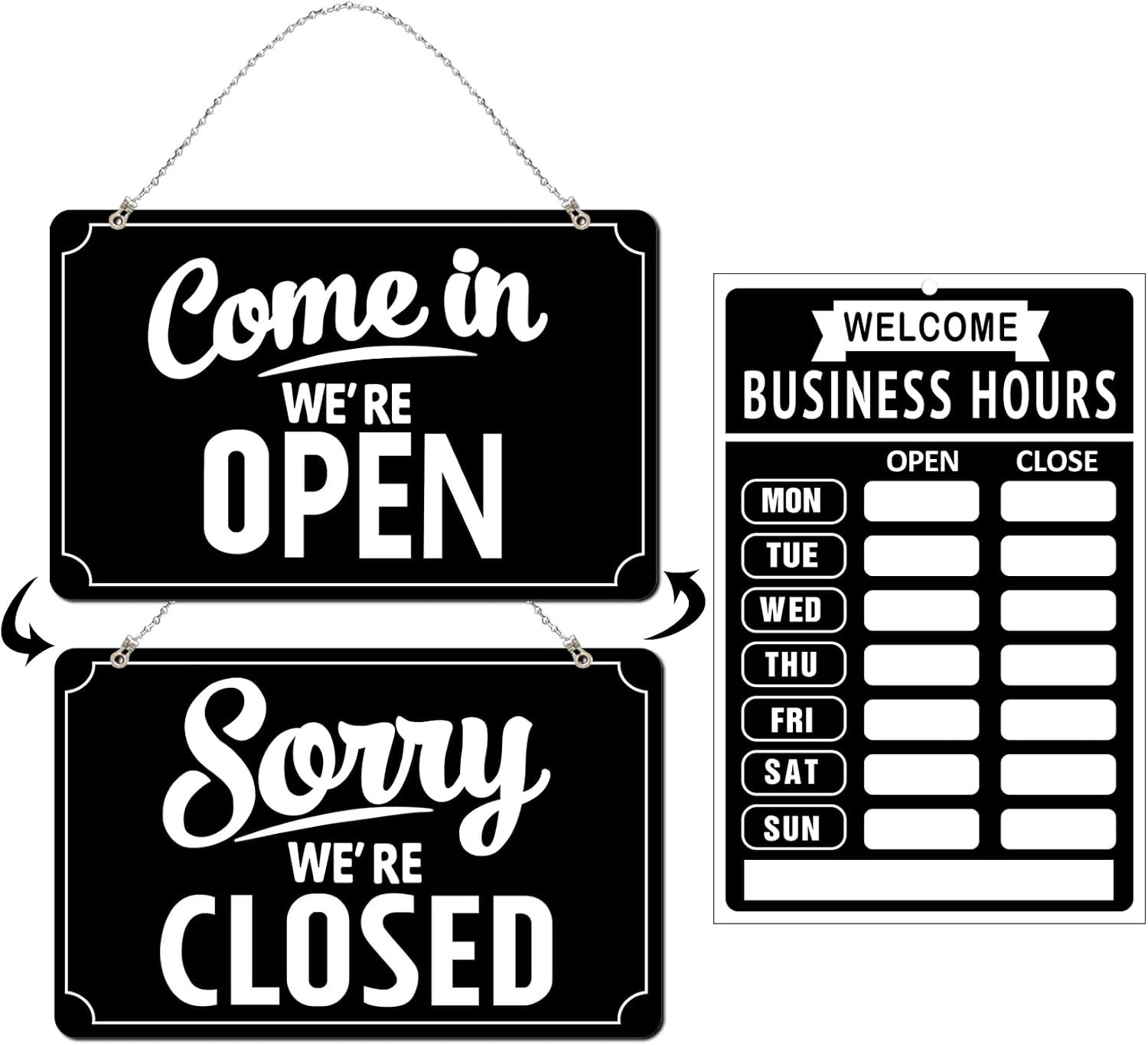 Open Closed Sign Set Business Hours Flip Door Window Black 11x7 12x8