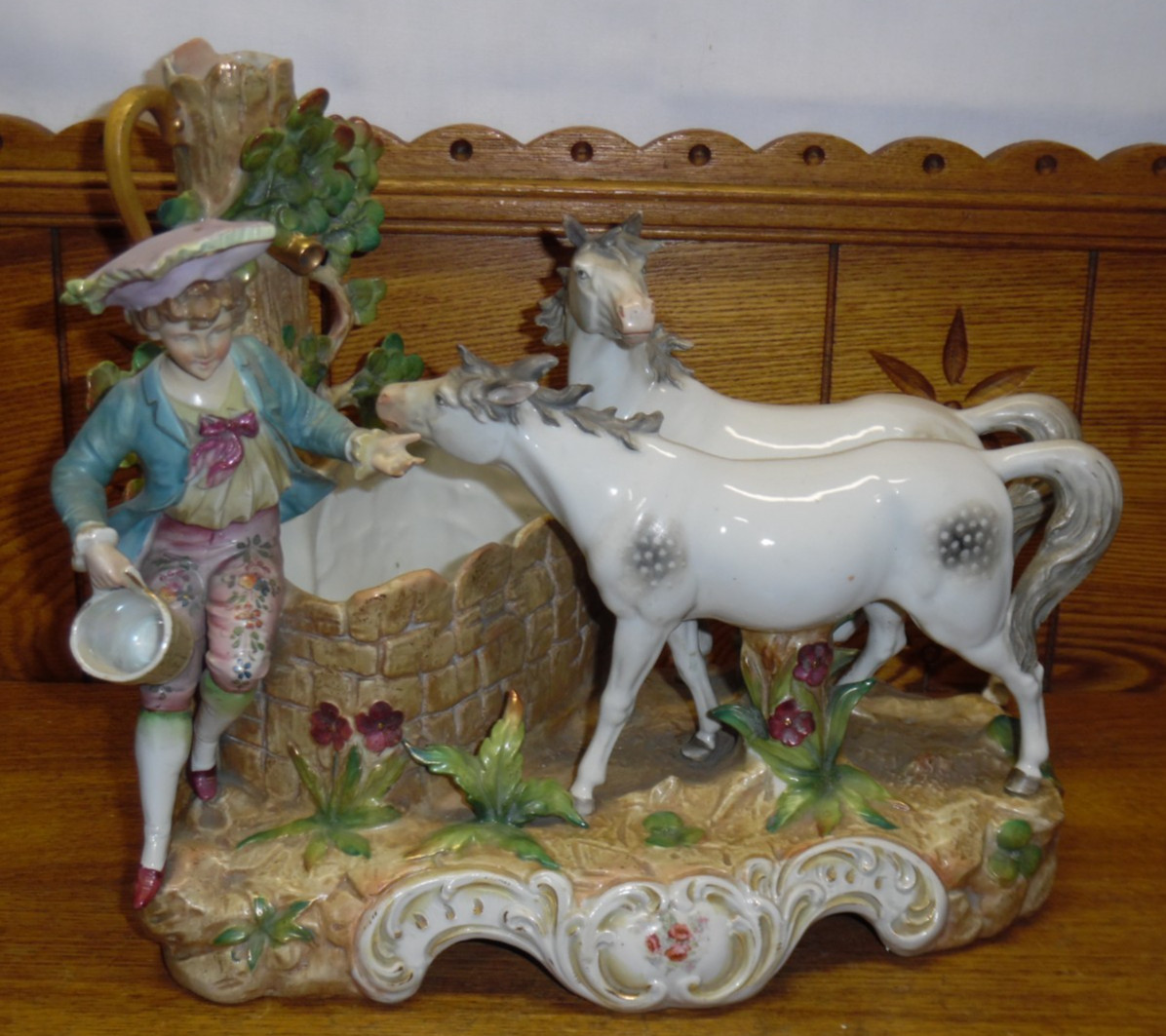 Antique / Vintage German Porcelain Horse Figural Grouping Planter - 10 5/8\