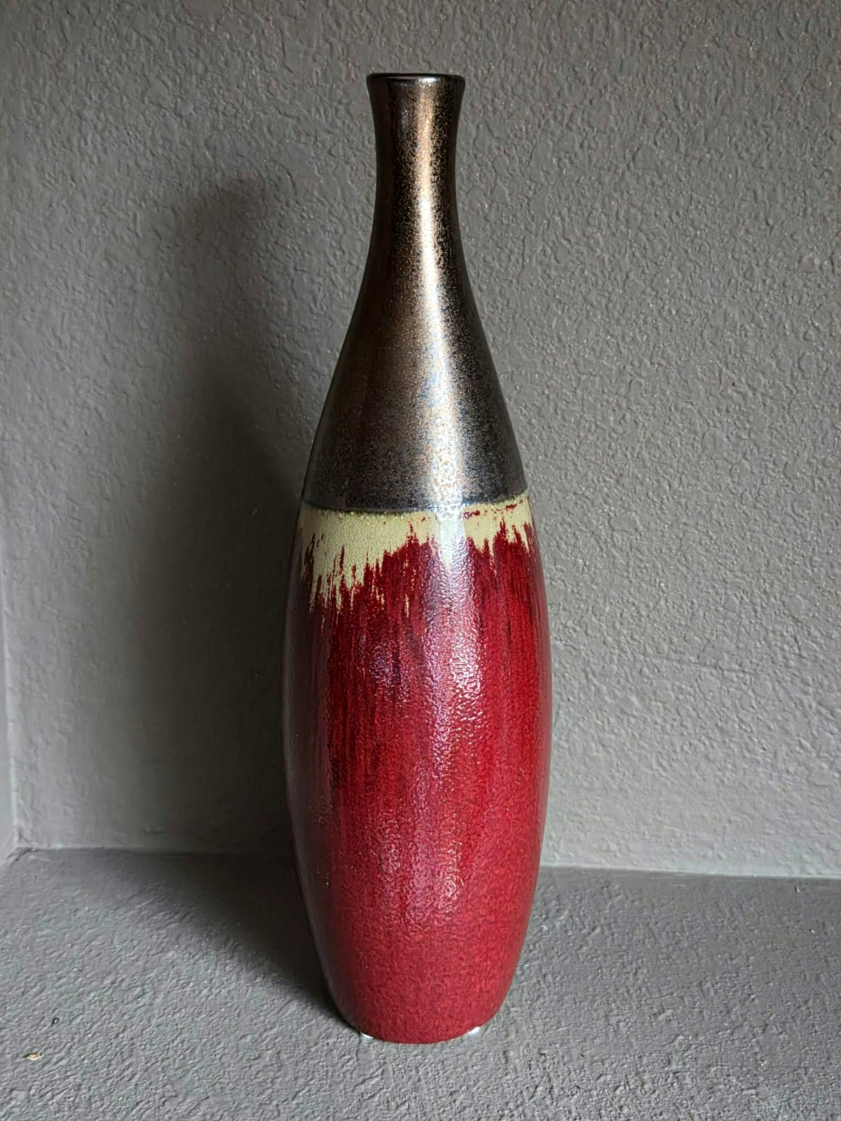 Pier 1 Imports Vintage Ceramic Vase Metallic Bronze Red Drip Glaze 13\