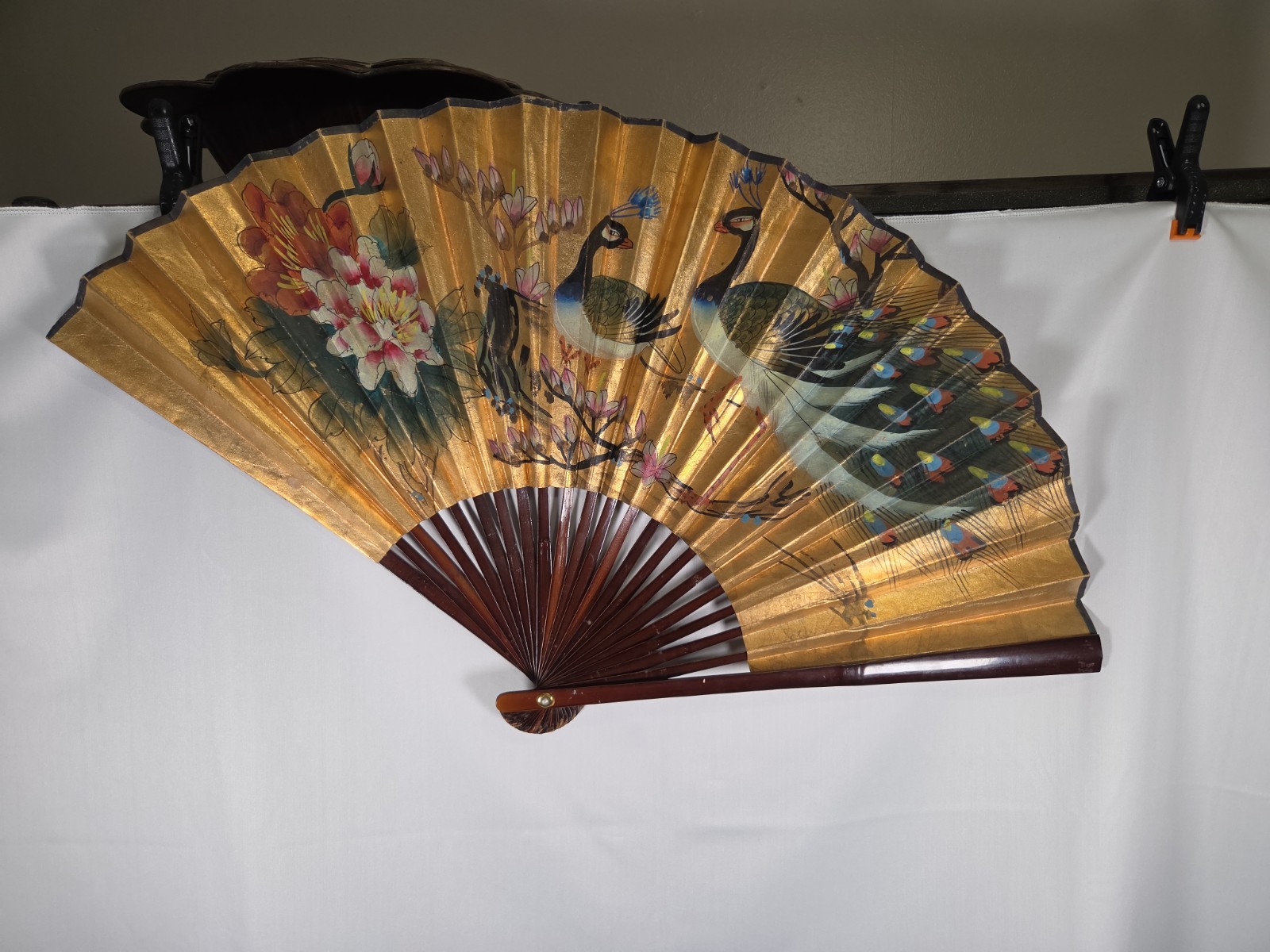 Large Vintage Asian Peacock Folding Wall Fan – Hand Painted Oriental Decor 35in