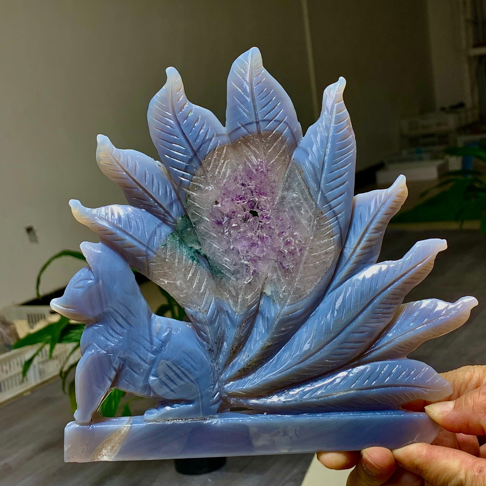 1.13LB Natural amethyst agate crystal specimen Hand carved Nine Tailed Fox