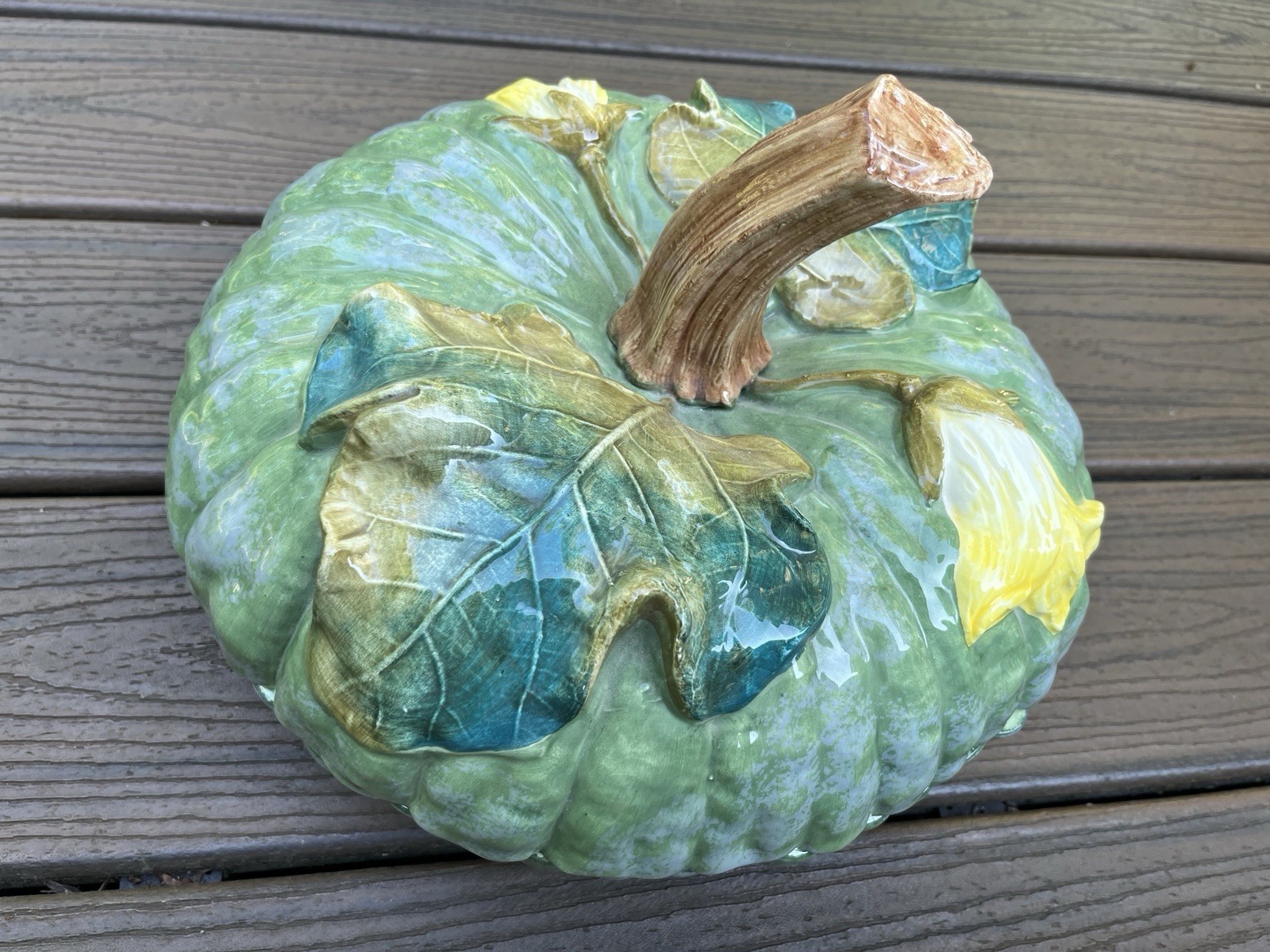 Vintage Italian majolica-style green ceramic pumpkin tureen.