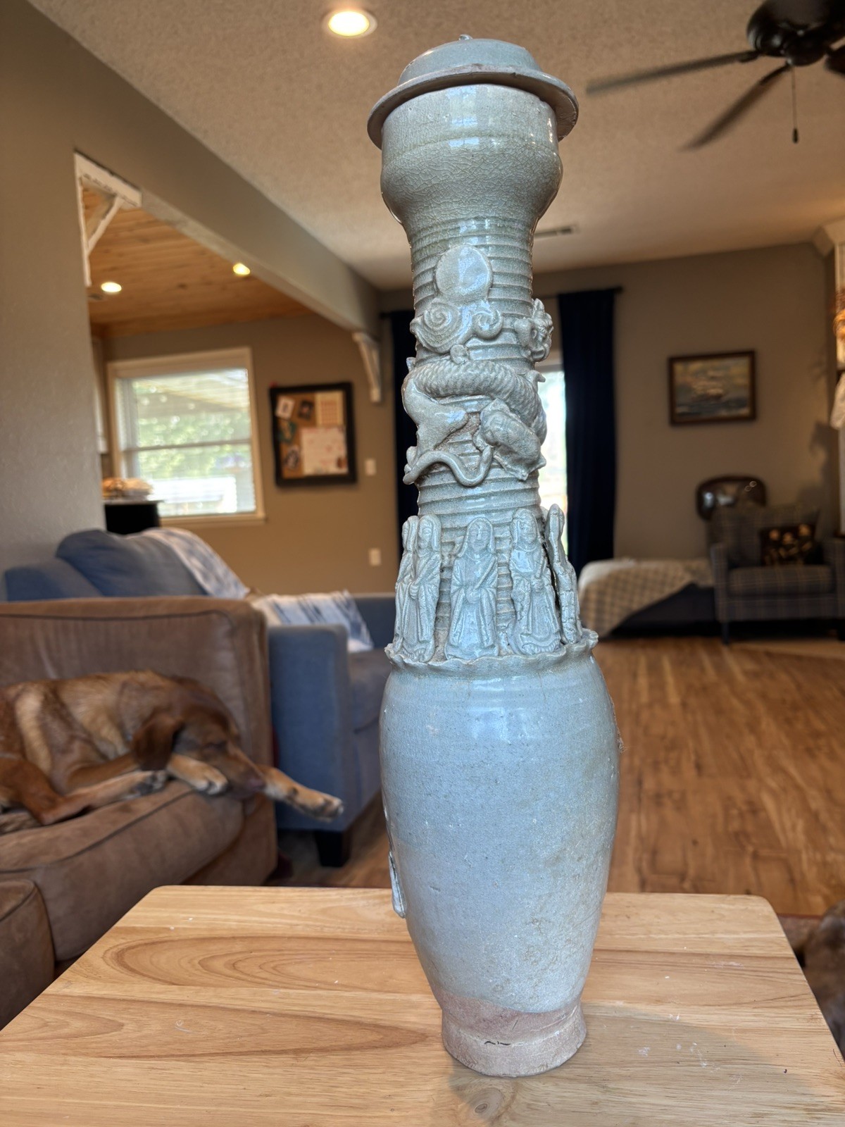 Antique Qingbai Funerary Urn with Dragon & Figures; Possibly Song Dynasty